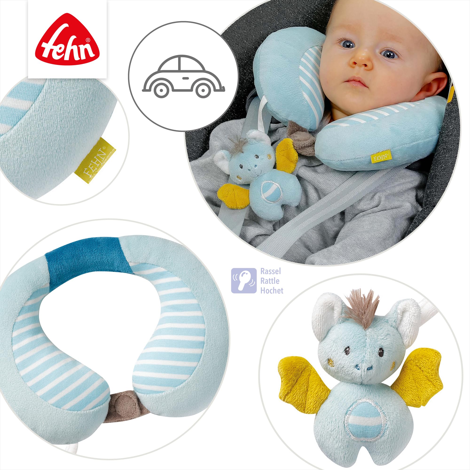 Fehn Fledermaus Nackenkissen Nackenhörnchen - Ergonomische Kopfstütze mit niedlichem Rassel Tier - sichere Kopfhalterung für Auto, Kinderwagen & Kindersitz - für Babys & Kleinkinder von 0-12 Monaten