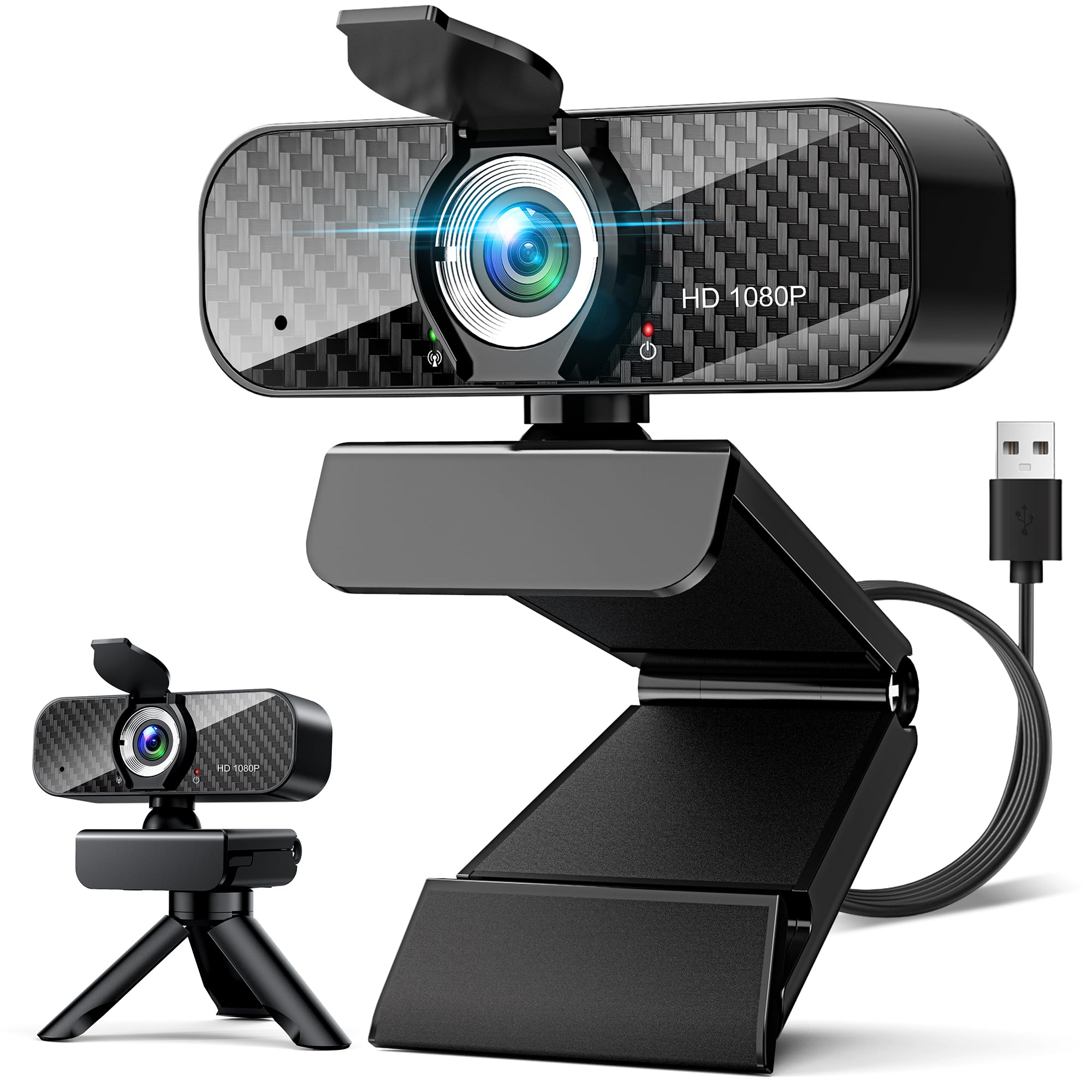 Sponsored Ad - Webcam Full HD 1080P with Built-in Microphone and Rotatable Tripod, Carbon Fiber Board and Privacy Cover, Auto Light Correction, Adjustable FOV, Plug&Play for Zoom/Skype/Facetime/YouTube, Laptop/PC