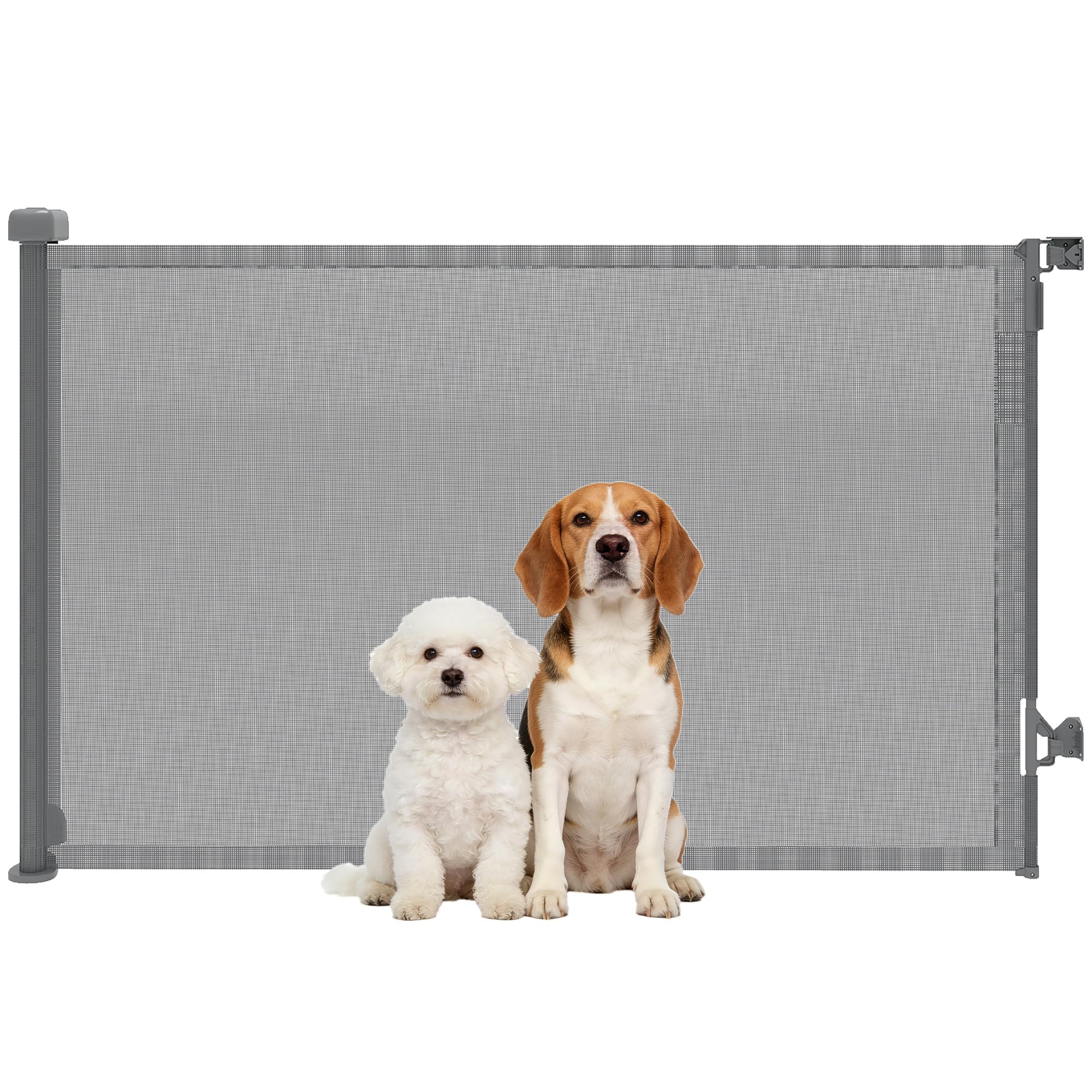 PawHut Barrera de Seguridad para Perros Retráctil, Extensible hasta 140 cm de Ancho y 93 cm de Alto, para Escaleras y Puertas, Valla para Perros Pequeños y Medianos, Uso con Una Sola Mano, Gris