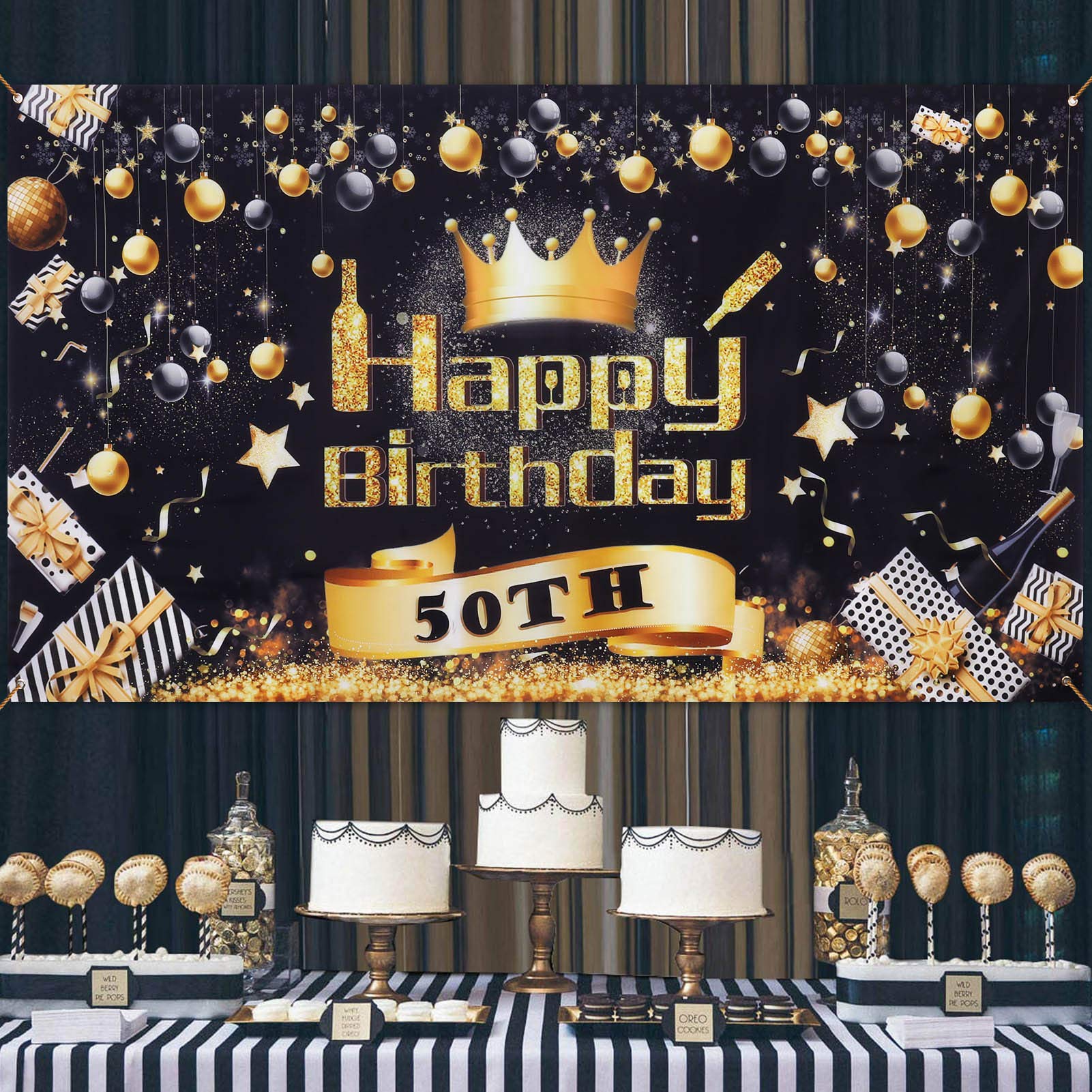 65th Happy Birthday Banner - 71x43 Inch Gold & Black Fabric Backdrop For Photography - View #10
