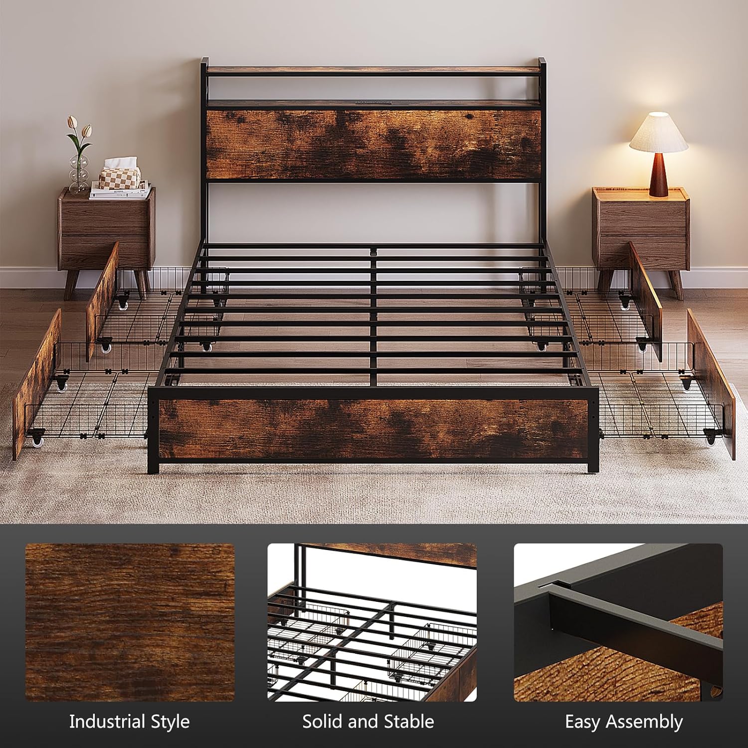 VINGLI Queen Bed Frame with 4 Storage Drawers and Headboard, Metal Platform Panel Bed with Charging Station and RGB LED Lights, No Box Spring Needed, Noise Free, Easy Assembly, Vintage Brown - Image 7
