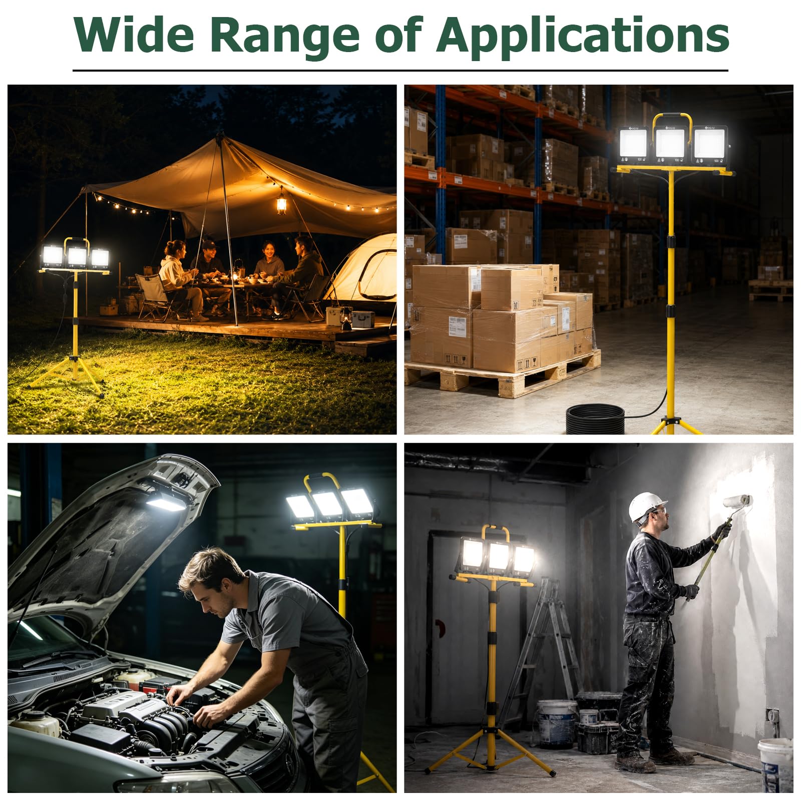 JiGiU Baustrahler LED mit Stativ, 3x100W Arbeitsstrahler 28500LM, Gelb | 3 Farbtemperaturmodi & 5M Kabel, Drehbar Köpfe, IP66 Wasserdicht, 118-174cm Höhenverstellbar Stativ für Werkstatt Baustelle