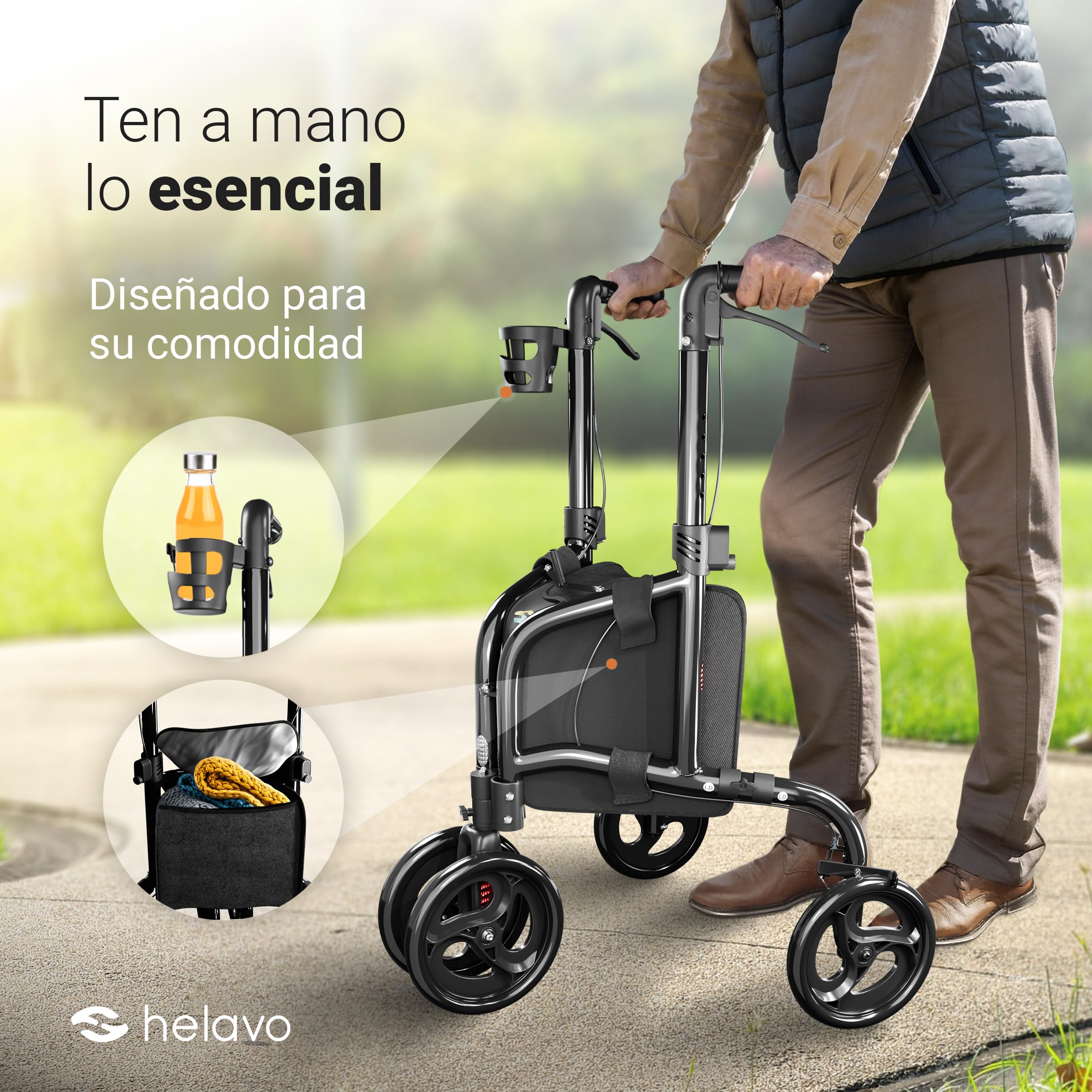 Helavo Andador de 3 Ruedas con Ruedas Dobles Delanteras - sólo 5,5 kg, Plegable, Estrecho, Andador para Adulto de Interior y Exterior, Andador Para Anciano de Aluminio