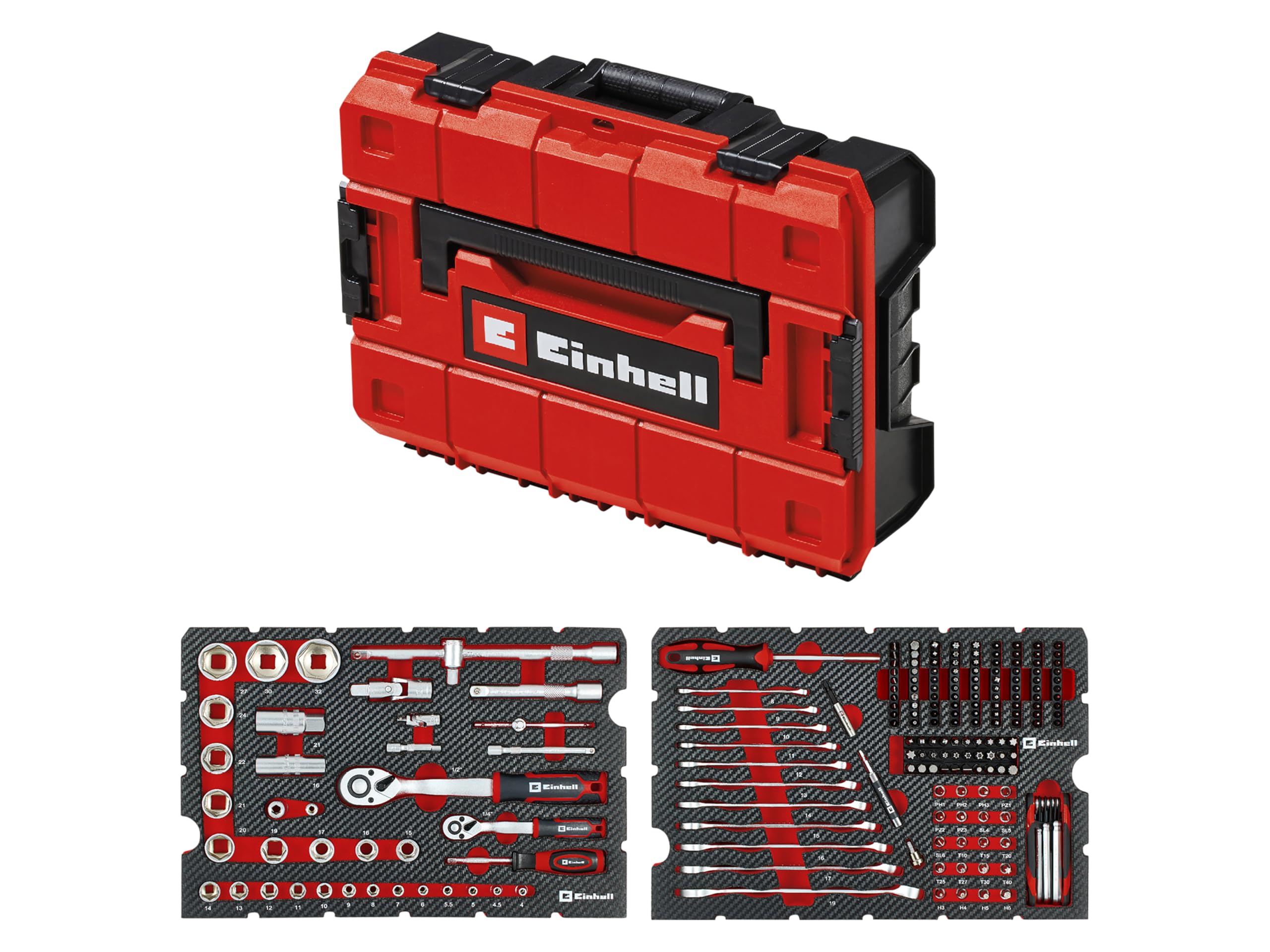 Einhell - Maletín de herramientas mecánicas, 201 piezas (multifunción, juego de bit, llaves de carraca, llaves y sistema E-Case)
