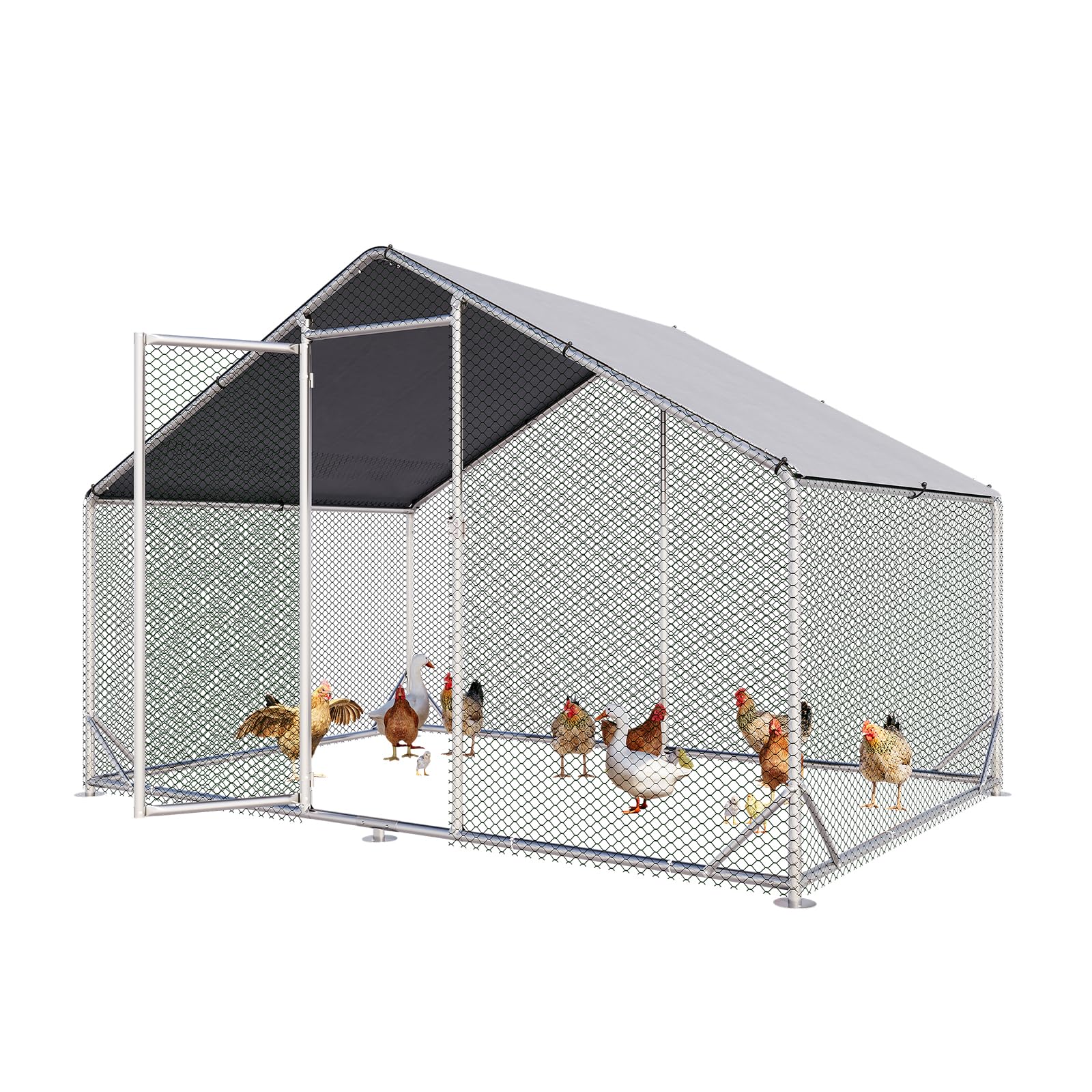Aoxun Metal Chicken Coop, Outdoor Chicken Runs for Yard with Cover, Spire Roof Hen House Enclosure with Security Lock, Walk-in Cage Peak Hen House for Yard Farm (10x6.5x6.4 FT)