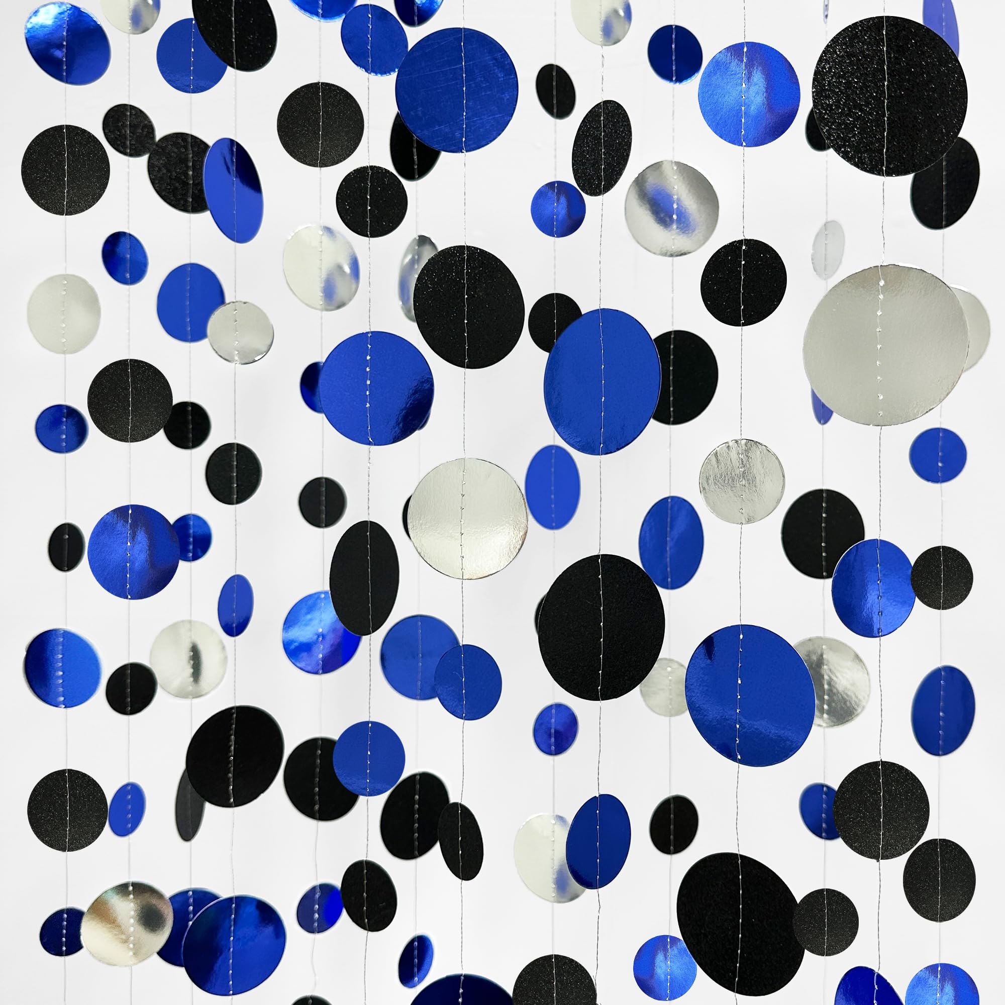 46Ft Navy Blue Black Silver Circle Dots Garland Royal Blue Black Polka Dots Streamer for Birthday Graduations Wedding Bridal Baby Shower Nautical Ahoy Achor Pirate Theme Party Decorations Supplies
