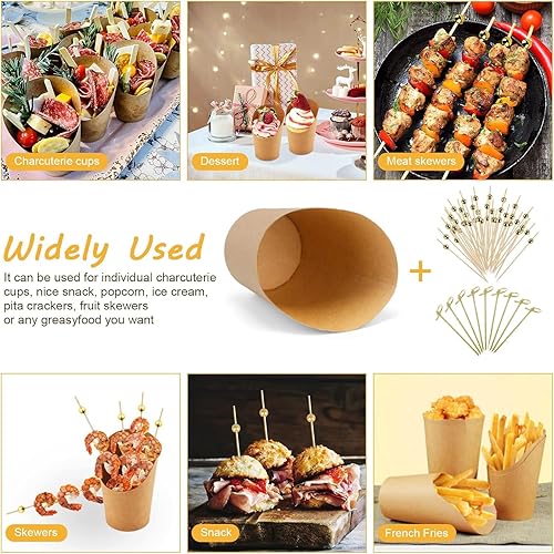 Miniatura 5 de BOBOKA 100 tazas de charcutería con 200 palillos de cóctel, tazas marrones de 14 onzas, tazas de aperitivos desechables, vasos de postre de papel