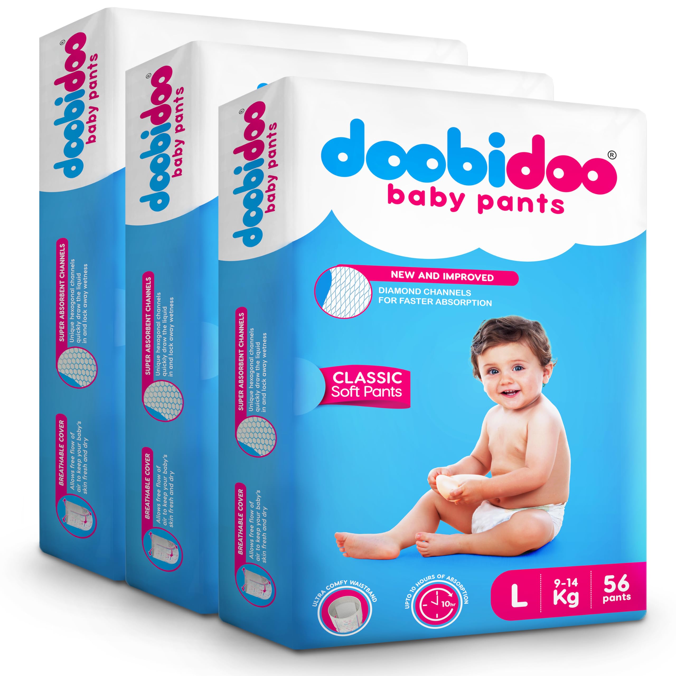 Doobidoo Classic Baby Diaper Pants - L Size | High Absorbency with Cottony Bubble Soft Topsheet, Anti-Leak Side Cuffs & Rash-Free Comfort | Gentle Protection (9–14 kg) - Pack of 3 | 168 Count-image-38