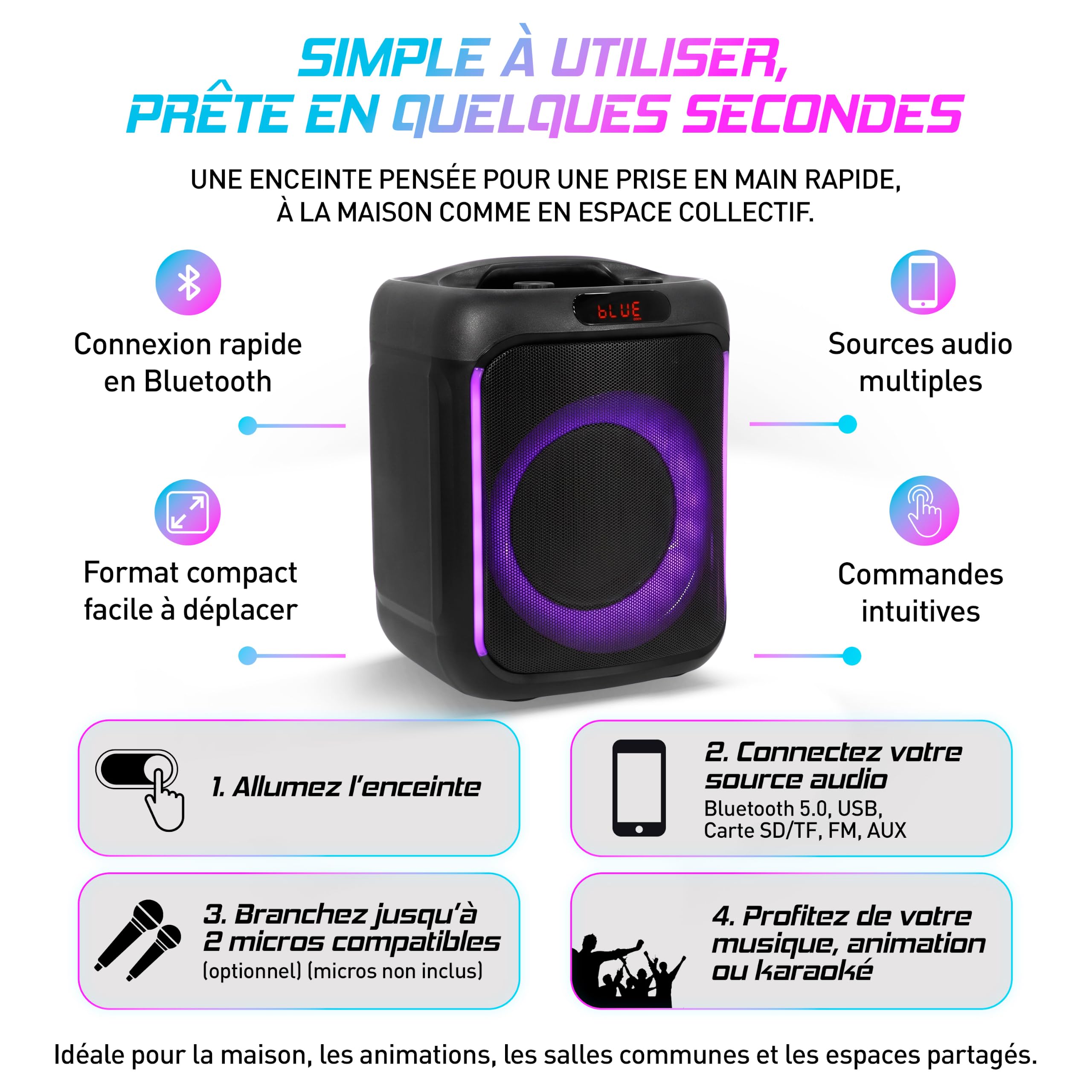 BoomTone DJ Cube 200 - Altoparlante karaoke portatile da 200 W con Bluetooth 5.0, luce LED integrata, lettore USB/SD, batteria ricaricabile al litio, ricarica USB-C, compatta e facile da trasportare.