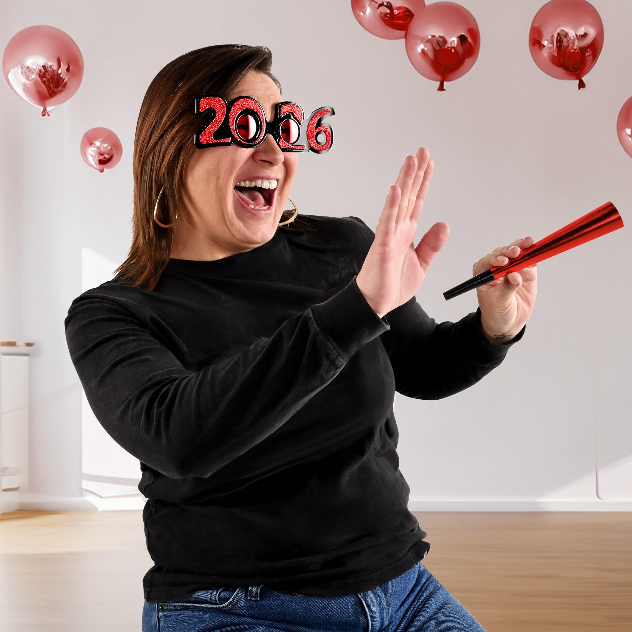 Beistle “2026” Glittered Plastic Eyeglasses – 2-Pack Black Frame Party Glasses with Glitter Year in Assorted Colors, New Year’s Eve or Graduation