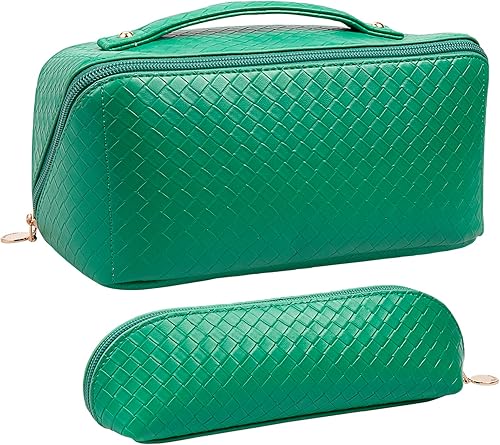 Abiudeng Bolsa de maquillaje grande, bolsa de cosméticos de doble capa, bolsa de maquillaje de viaje, bolsa de maquillaje de cuero, bolsas de viaje