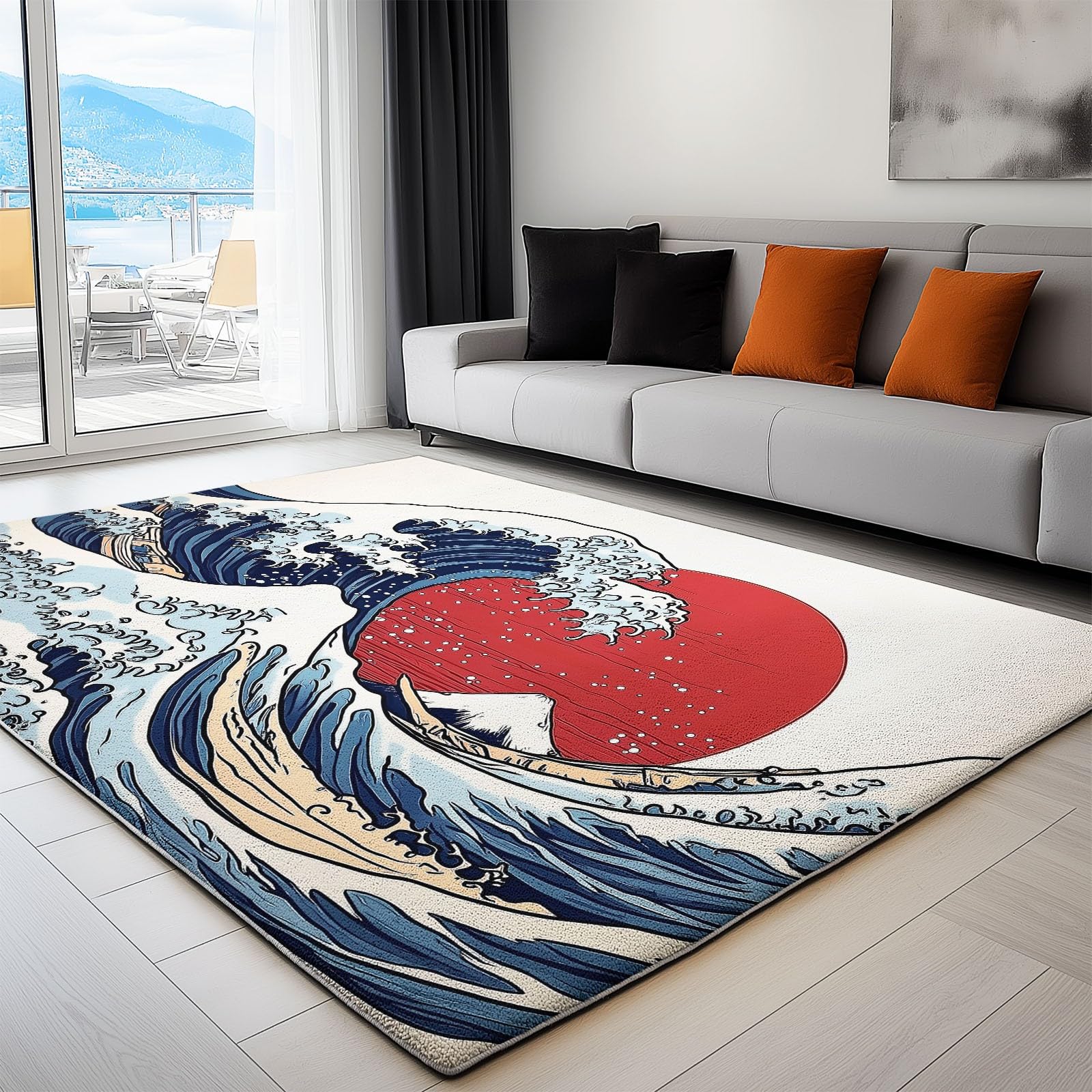 Stile Giapponese Cartone Animato Tappeto Lavabile Antiscivolo Morbido a Pelo Corto in Blu Rosso con Onde Stampate - Decorazione 80 x 150 cm per Soggiorno, Camera da Letto e Sala da Pranzo