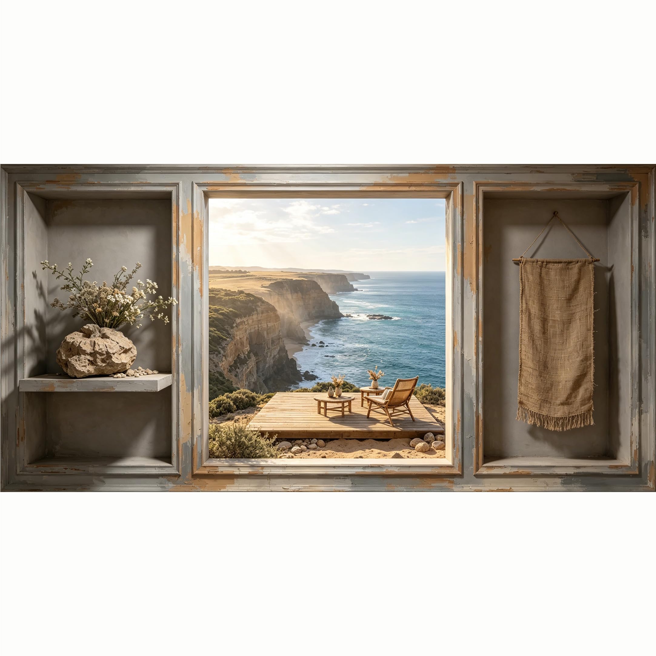 QZLITHOTIC 50x100cm 3D Framed Wall Art， Coastal Cliff Ocean View Window Scene Self‑Adhesive Mural， Water‑Activated Peel & Stick Fabric Decor Wall Decal for Bedroom Living Room