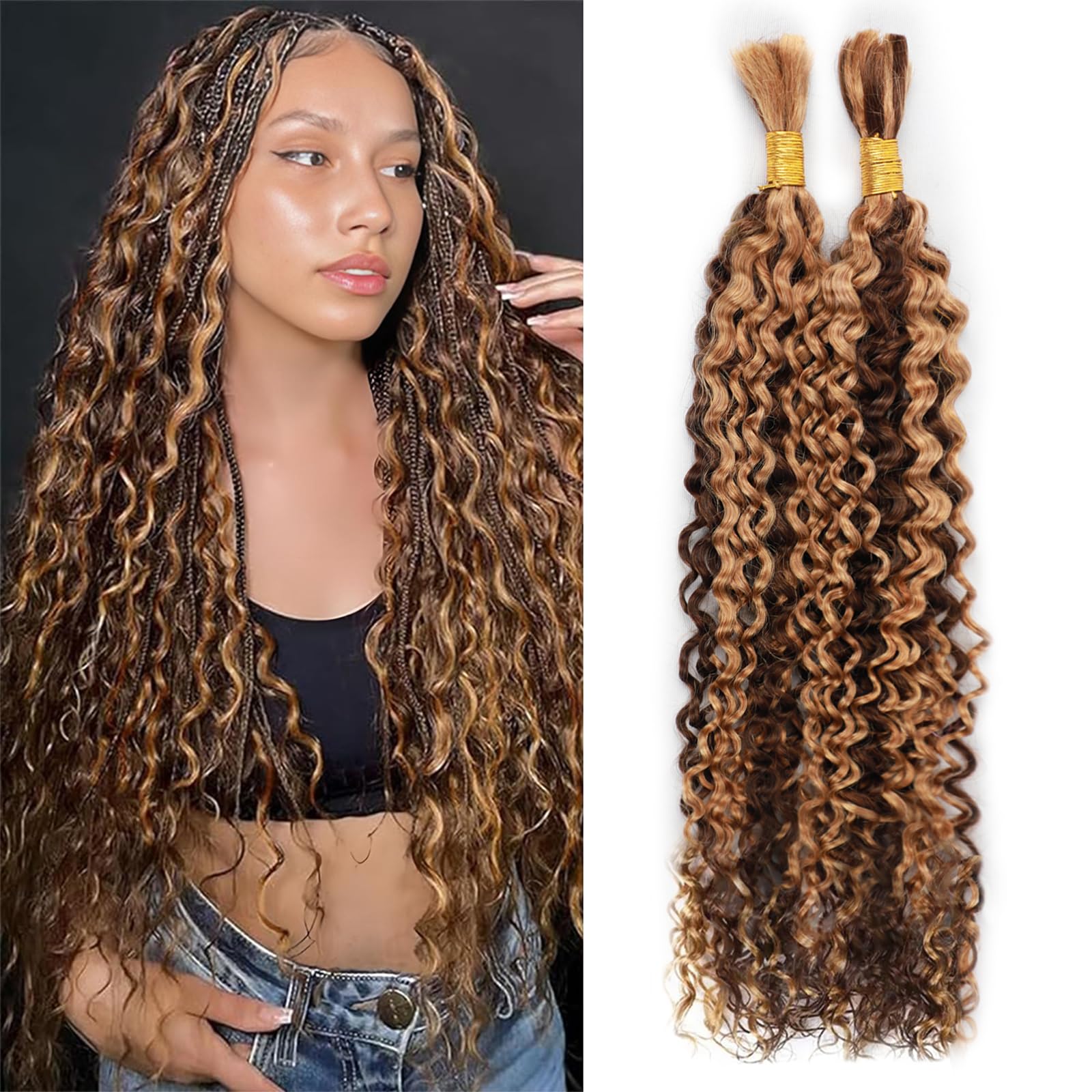 Human Braiding Hair 16 Inch 100g P4/27 Water Wave Bulk Human Hair Braiding Hair No Weft 2 Bundles 100% Brazilian Virgin Human Hair Extensions Curly