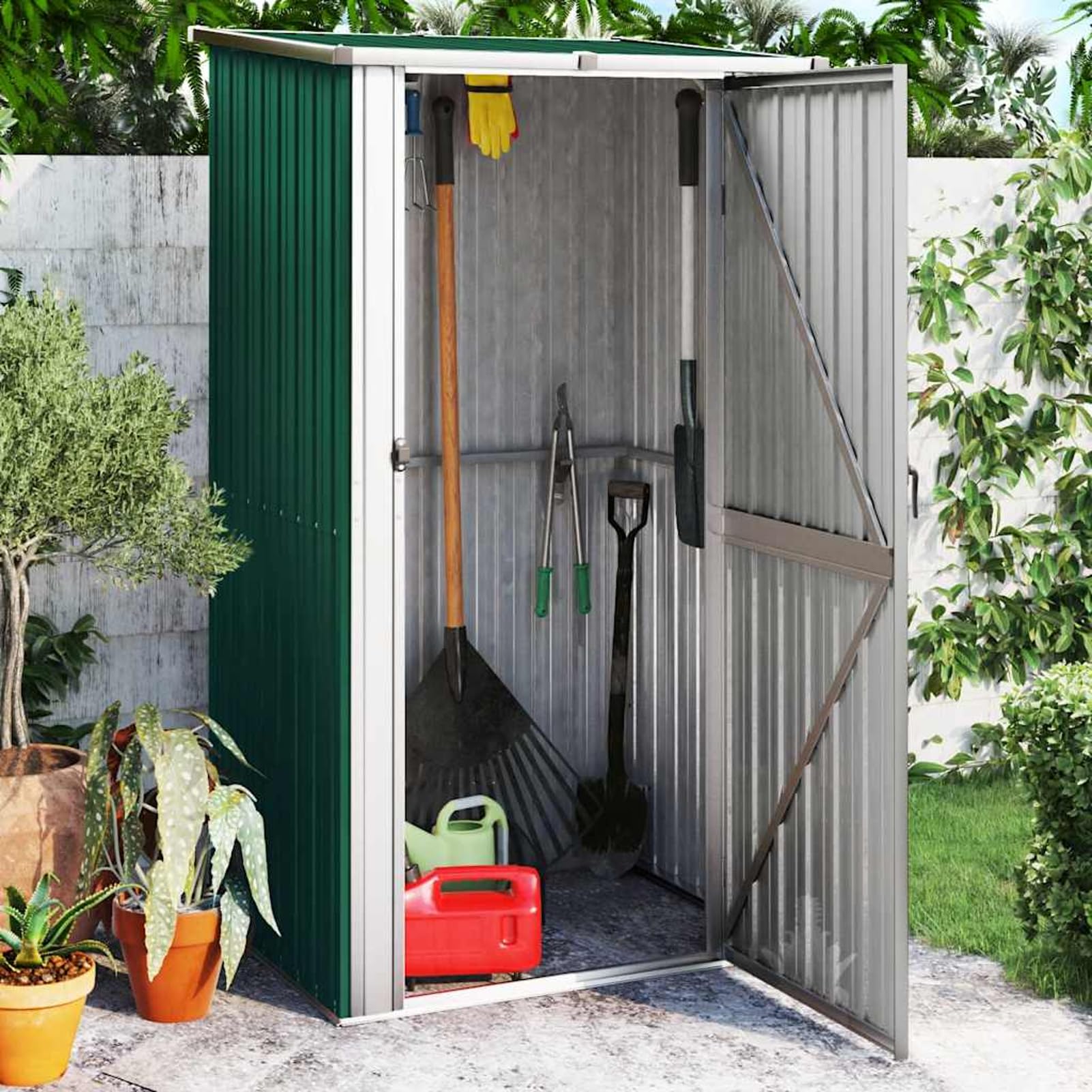 Caseta de jardín verde 118,5 x 97 x 209,5 cm de acero galvanizado con puerta con cerradura y techo inclinado, cobertizo para herramientas, jardín y almacenamiento exterior