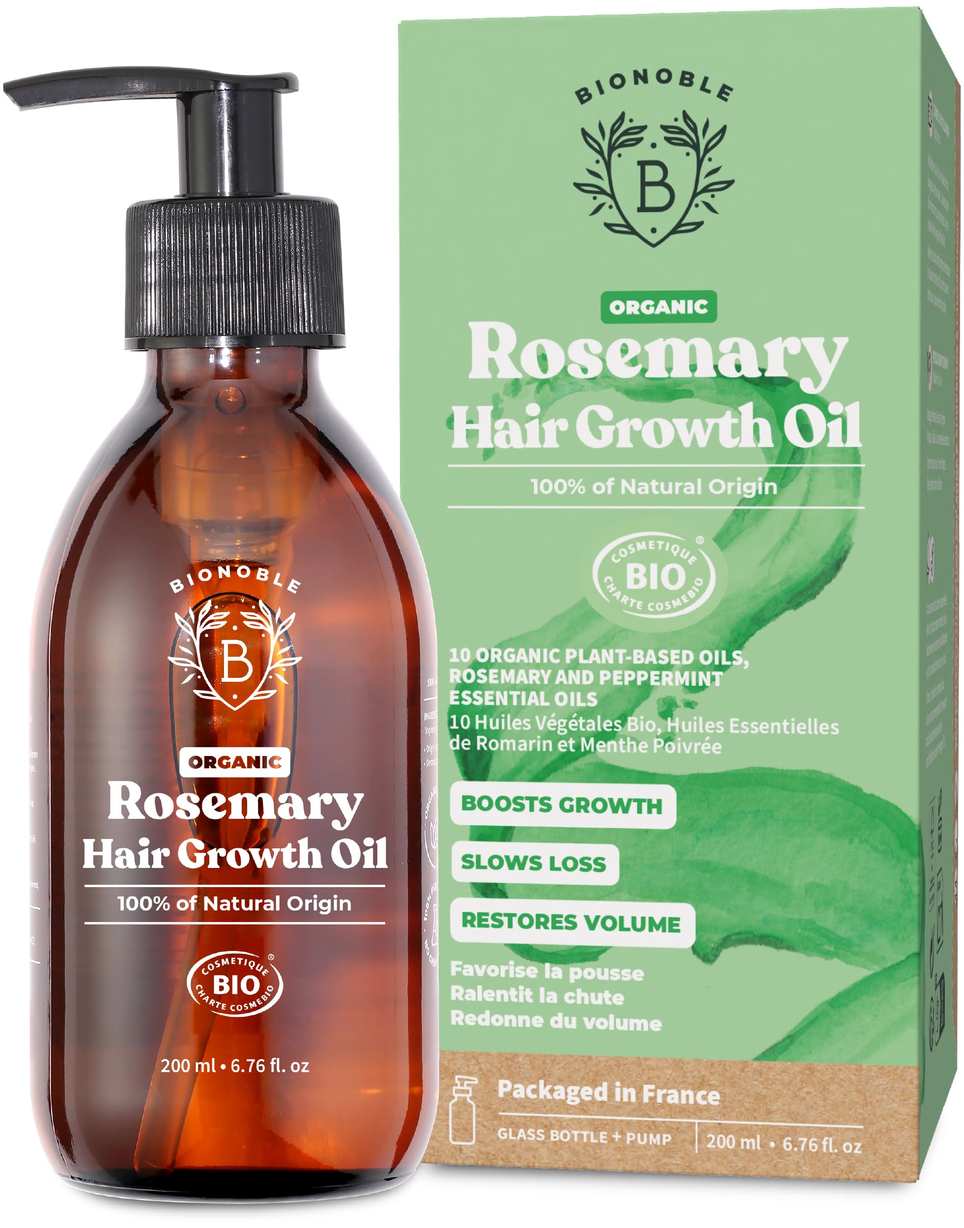 BIONOBLE Organic Rosemary Oil for Hair Growth, Slows Loss, Restores Volume, Nourishes the Scalp, Rosemary Hair Oil, Castor