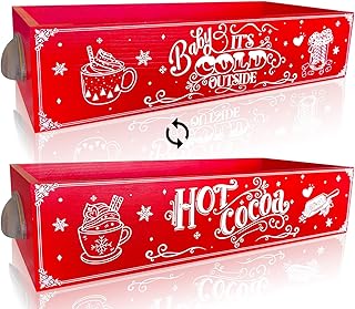 Ushinemi Hot Cocoa Bar Wood Storage Box, Hot Cocoa Bar Supplies Cute Christmas Wooden Storage Bins Decorative, Cocoa Bar Table Organizer Xmas Decor for Home Kitchen Office Farmhouse, Red