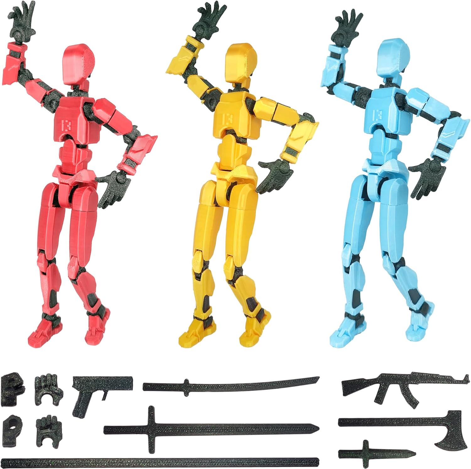 3D Printed Action Figure, Robot Toys with Full Articulation for Stop Motion Animation(3 pcs, Blue Red Gold)