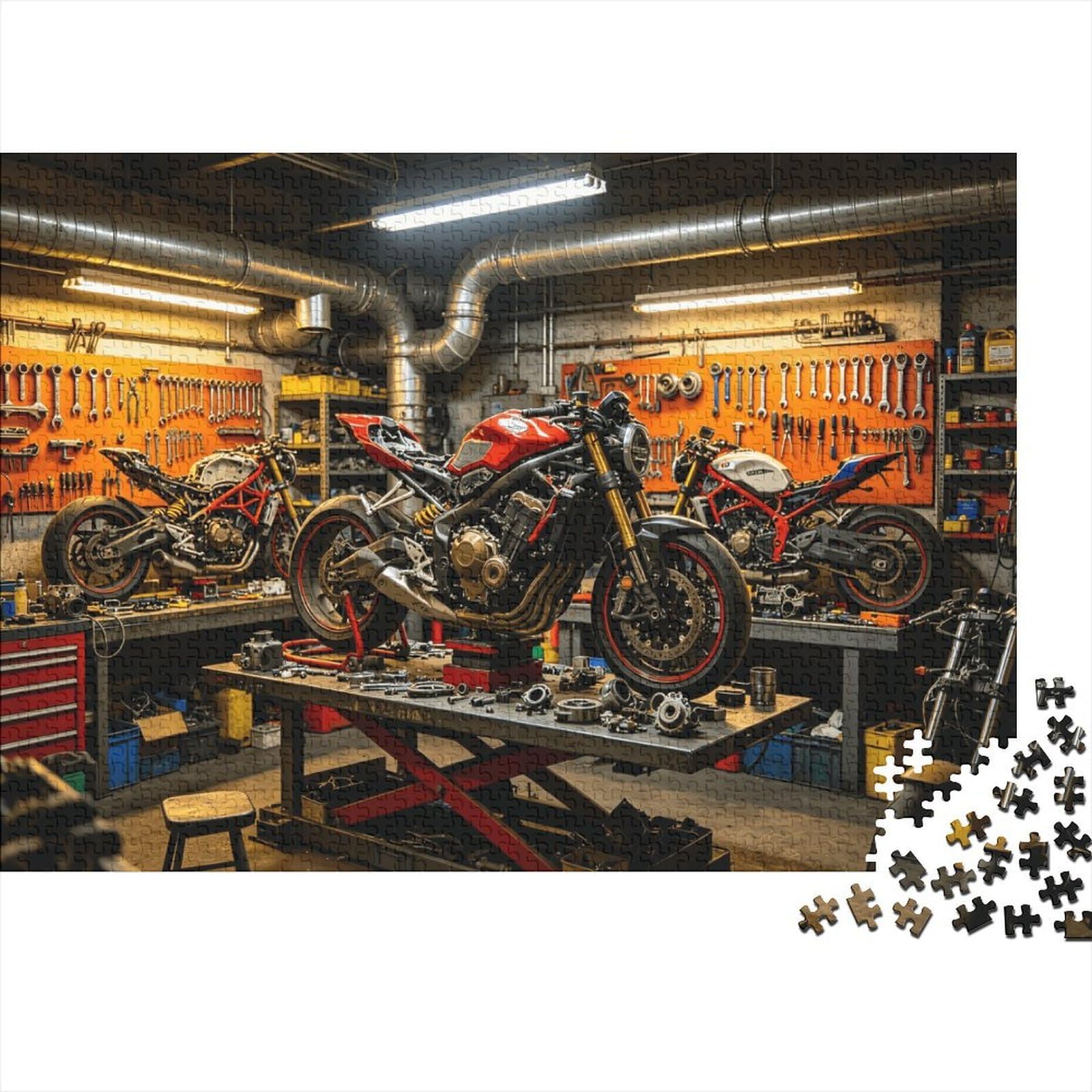 Motorcycle Workshop Jigsaw Puzzles 1000 Pieces Recycled Paper Industrial Retro Adult Jigsaws Developing Boy & Girl‘s Intelligence Educational Game for Family 38x26cm/1000pcs