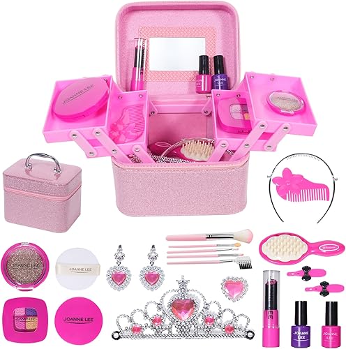 Kit de maquillaje para niños para niñas, kit de maquillaje de simulación para niñas, juguetes de maquillaje falsos con estuche de cosméticos,