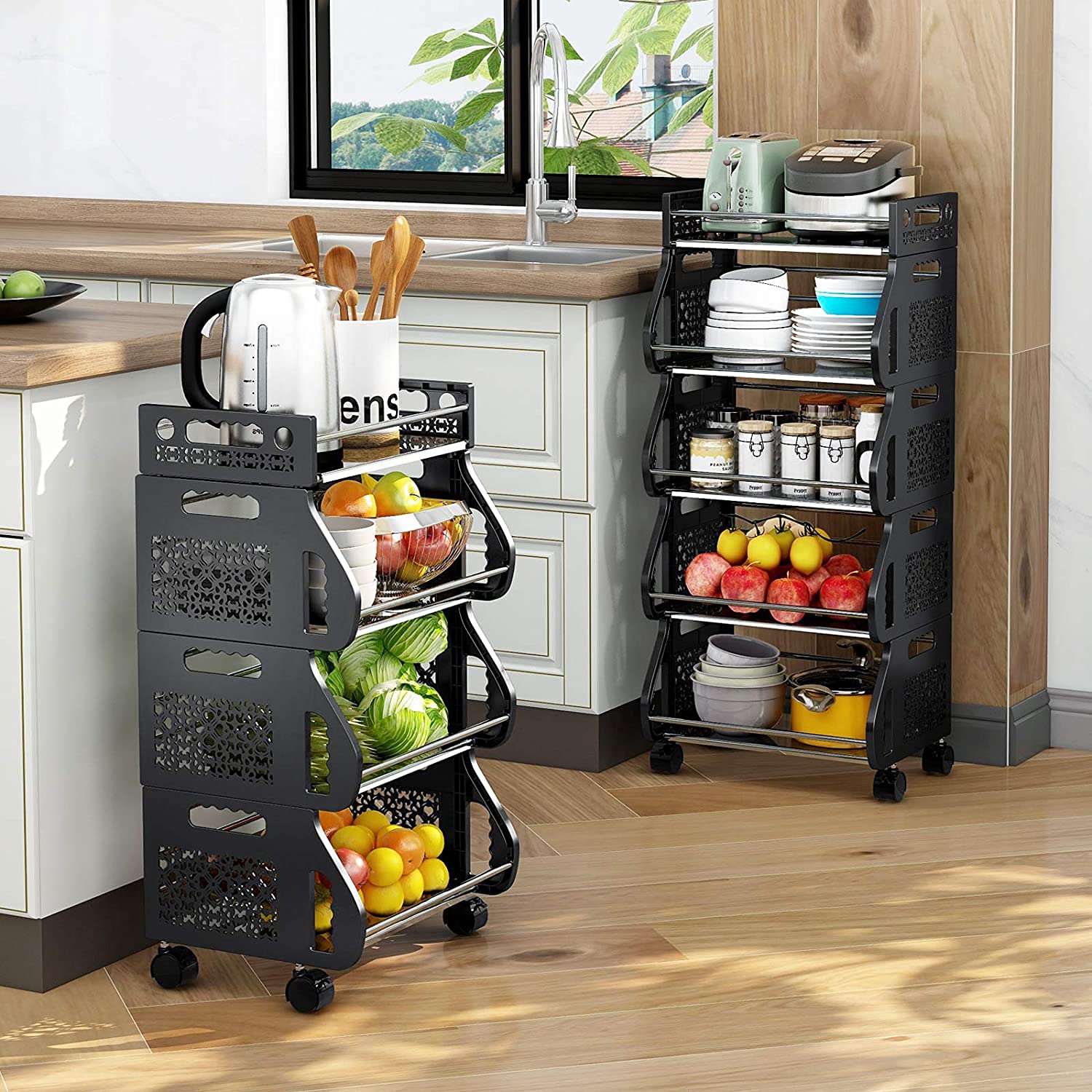 Baboies 5 Tier Fruit Vegetable Basket Cart, Rolling Stackable Produce Storage Rack with Wheels for Kitchen, Pantry, Bathroom, Garage