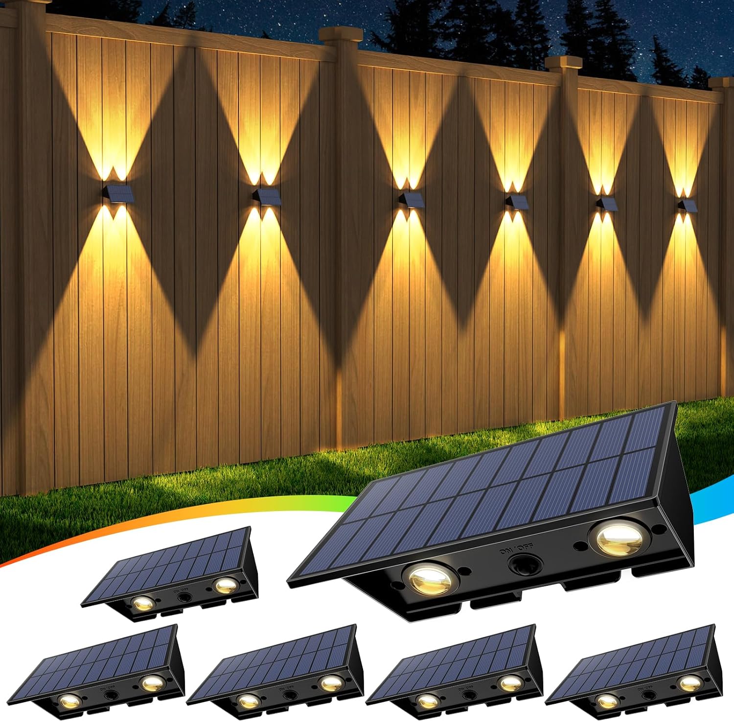 Photo 1 of  Solar Fence Lights,6Pack Solar Lights Outdoor Warm White + RGB Up & Down Waterproof 100 Lumens Dusk to Dawn Large Solar Wall Lights for Backyard/Pool/Railing/Patio/Porch/Step/Wall 