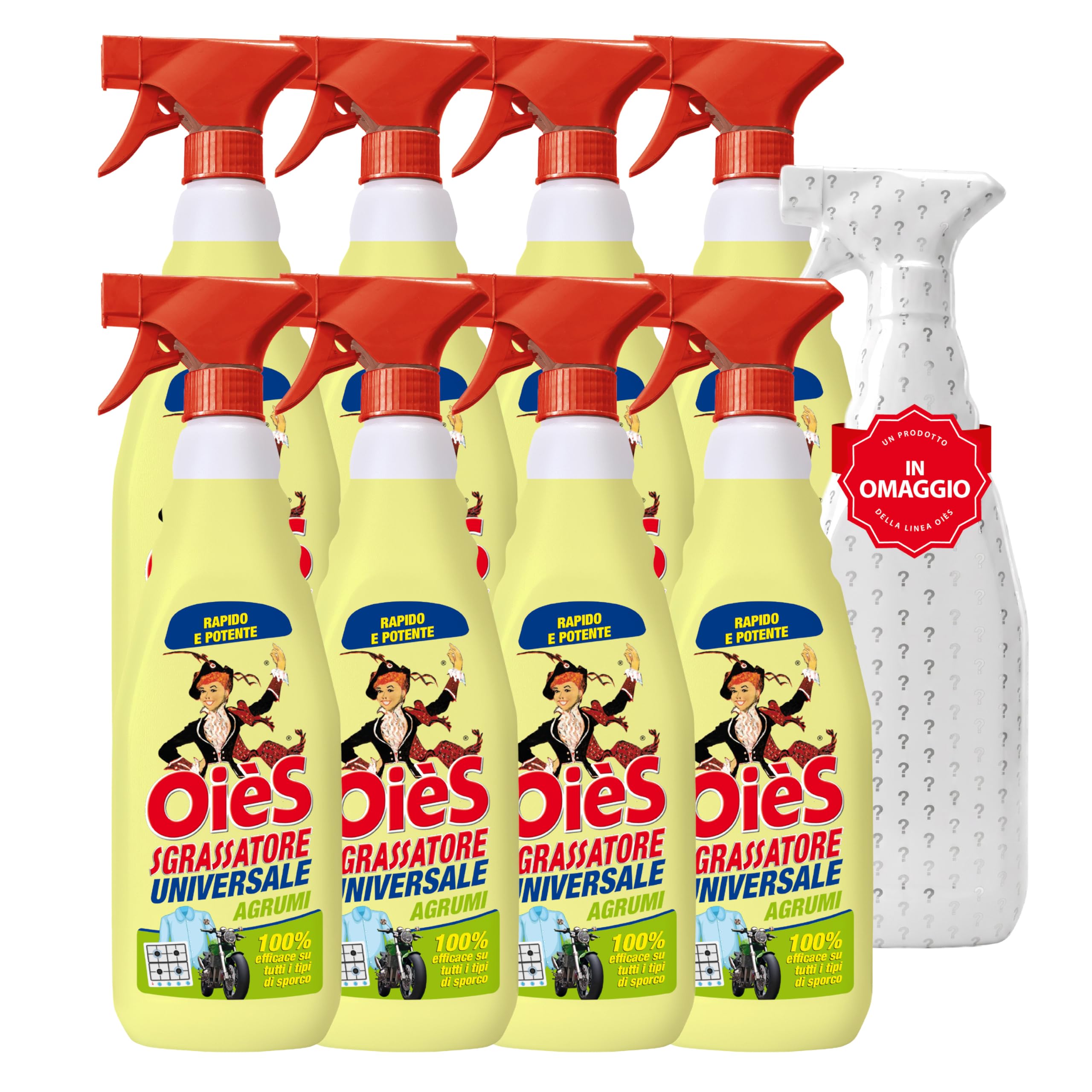 OièS Sgrassatore Universale 750 ml - Spray Sgrassante Rapido e Potente per Cucina, Forno, Piano Cottura, Acciaio e Superfici Lavabili - Elimina Grasso Ostinato e Sporco Incrostato - Agrumi (8 Unità)