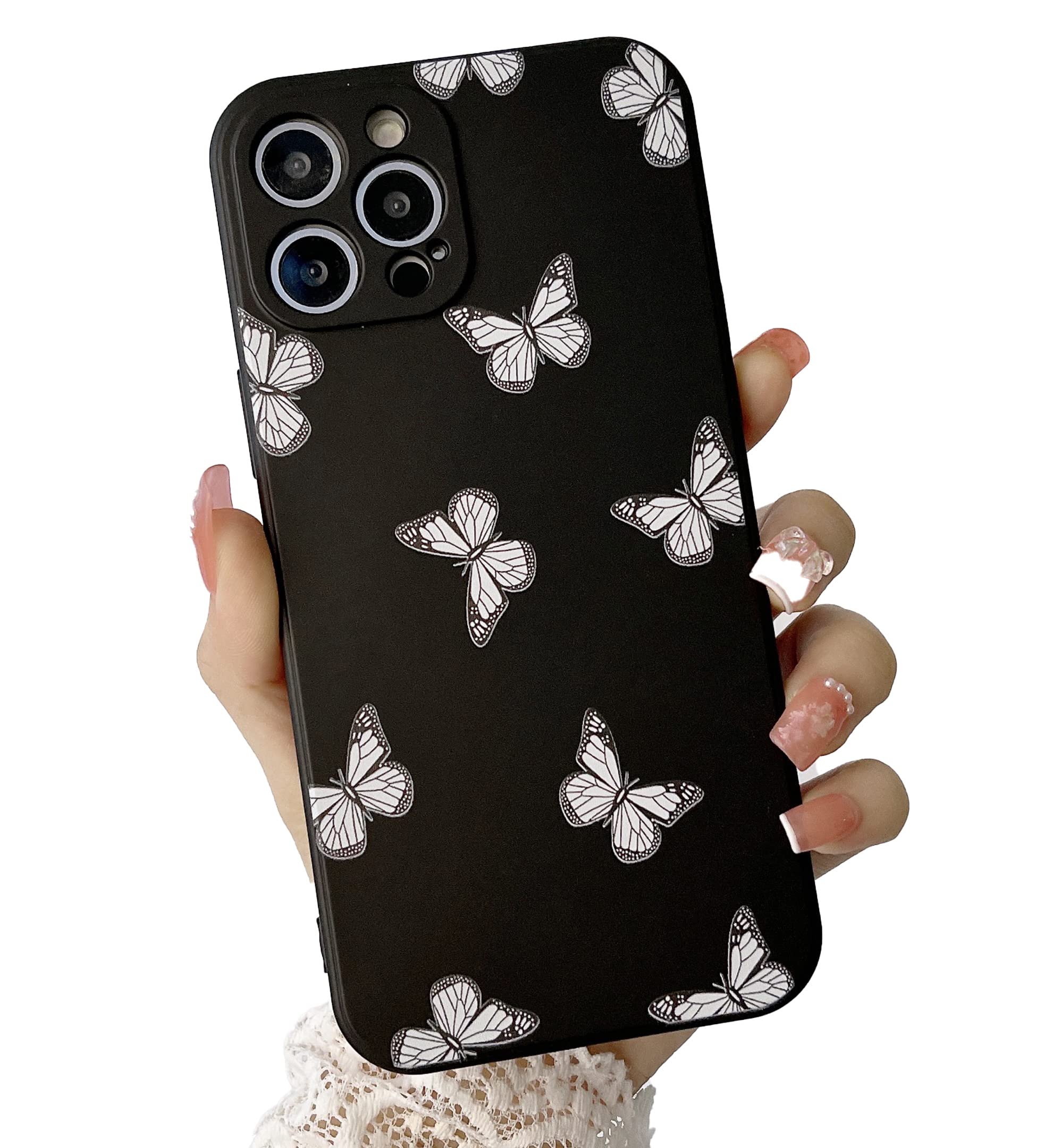 YIKUSO Compatible with iPhone 12 Pro Max Case Liquid Silicone Gel Rubber Phone Cases, Cover 6.7 Inch Full Body Protective Case Cute for Women Kawaii Butterfly(Black)