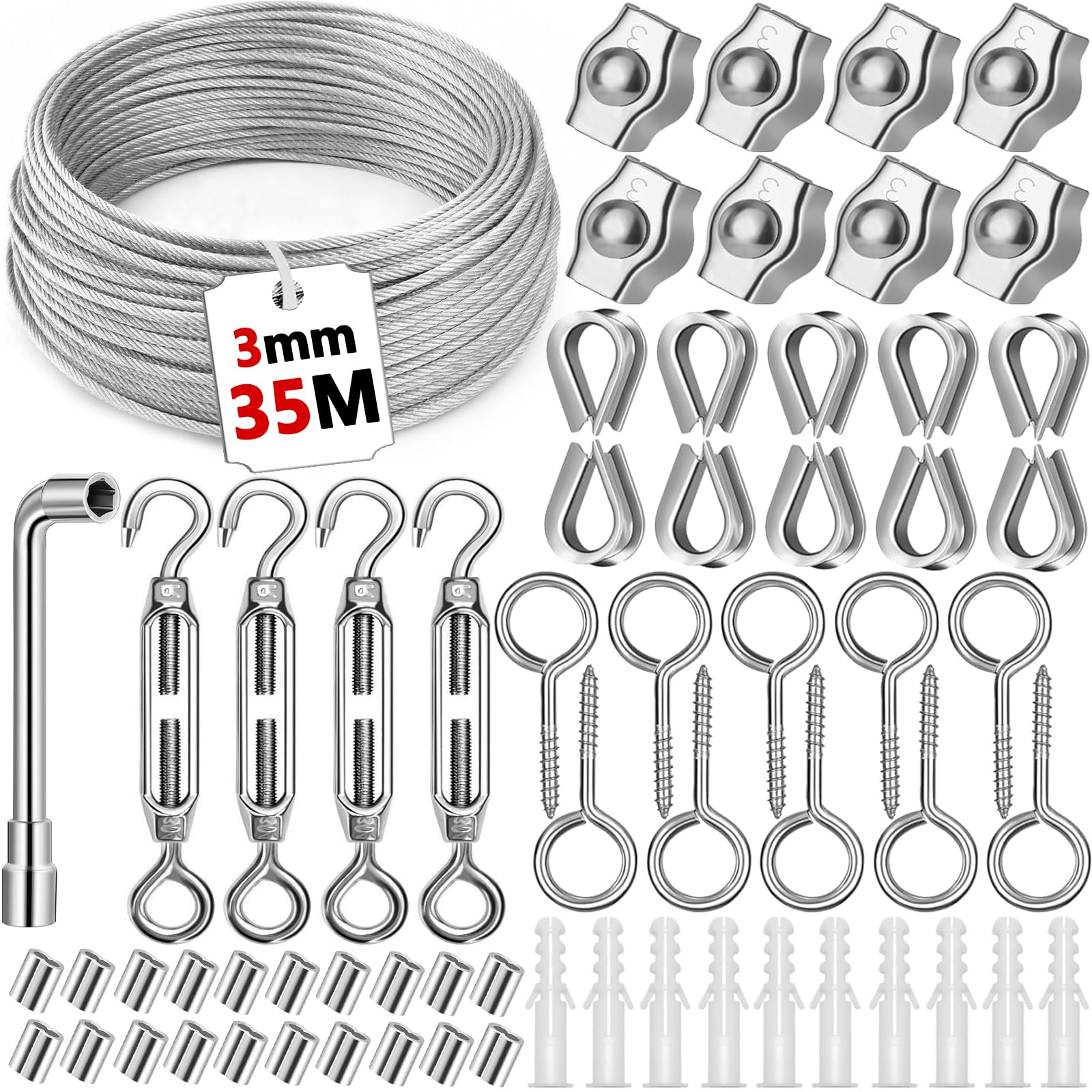 Corde en Acier Inoxydable à Suspendre Kit,35M/3mm Câble en Acier Inoxydable Revêtu avec M5 Tendeurs de Fil,Kit Cable Metallique 304 pour Outdoor Suspension,Corde a linge,Plante Grimpante