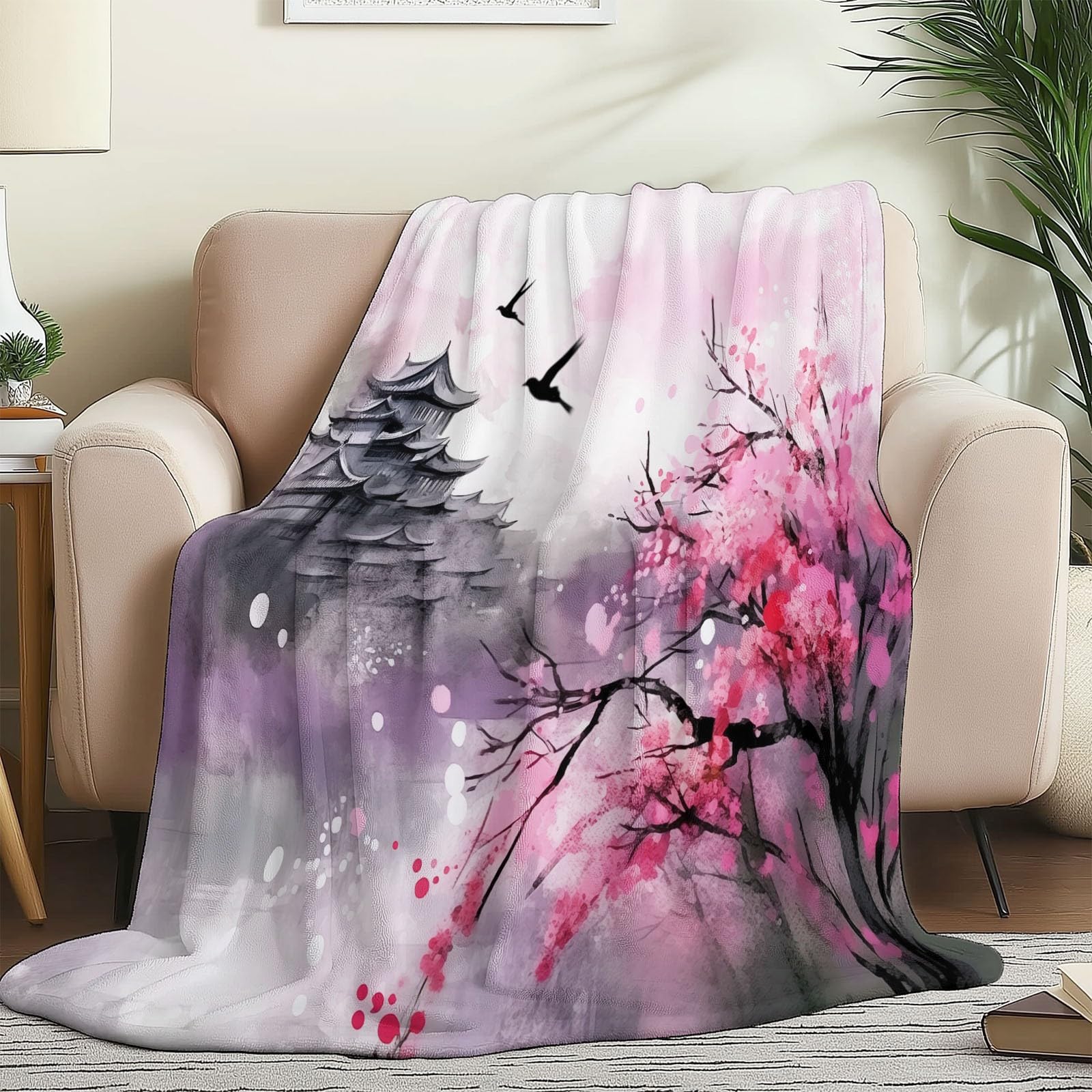 Koc polarowy 200 x 220 cm chiński obraz tuszem kwiaty śliwki różowy koc flanelowy dla 2 osób, nadruki, miękkie i ciepłe na sofę łóżko