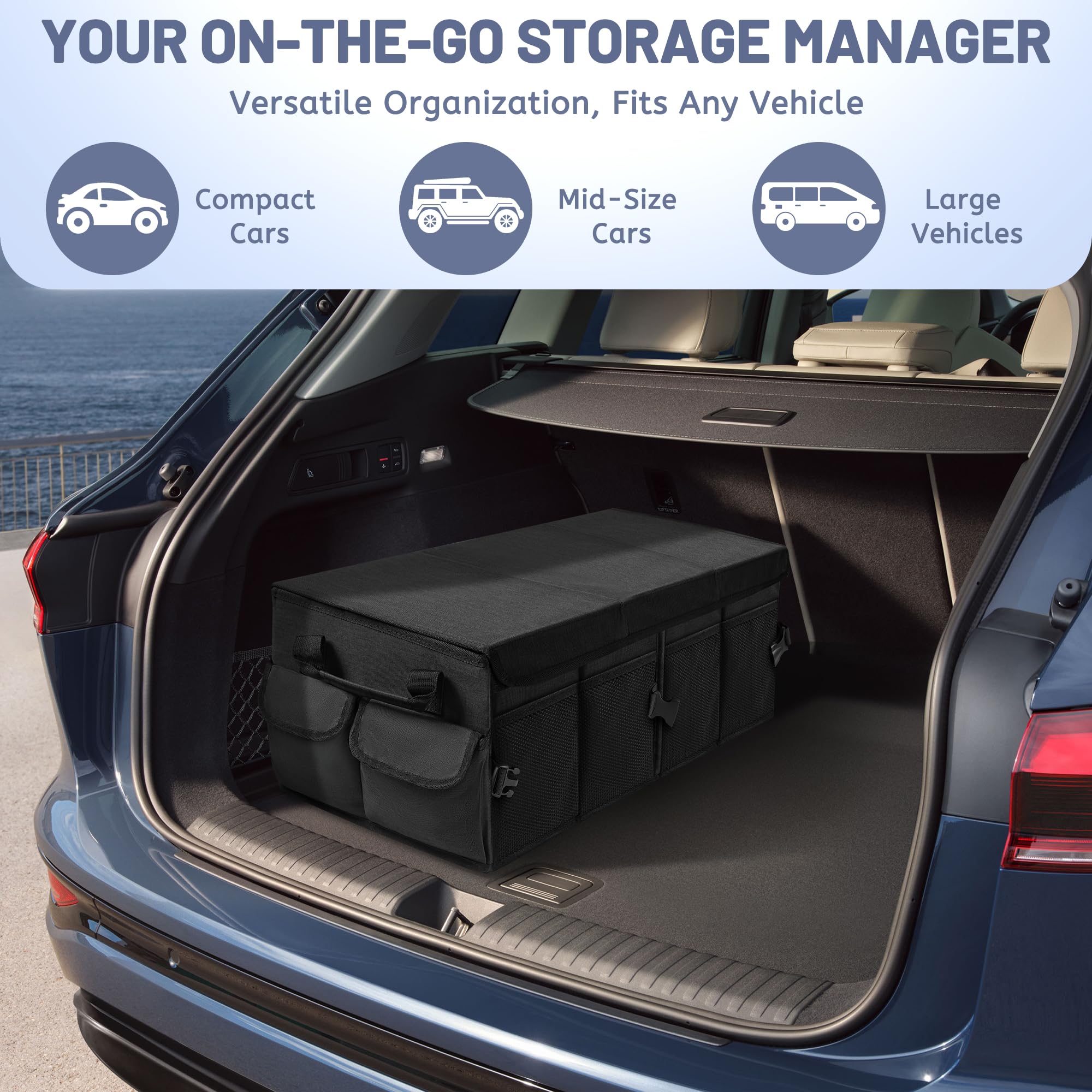 Organizer per bagagliaio di alta qualità con coperchio, stabile e antiscivolo, pieghevole, grande con doppio ripiano, organizer per bagagliaio (nero con bordo nero)