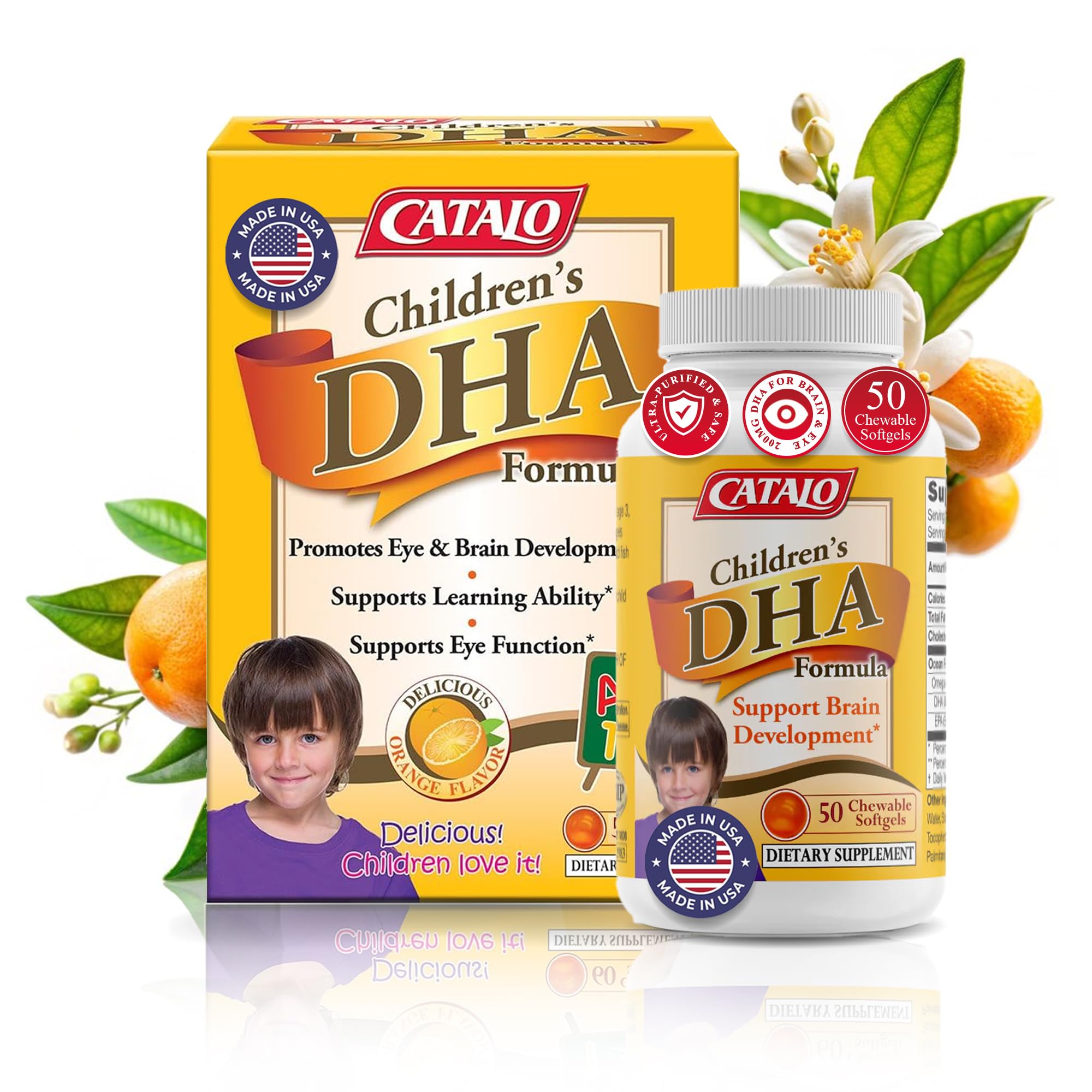 CATALO Children's DHA Formula Fish Oil Supplements, Chewable Softgels, 200mg DHA per Serving, Omega-3, Natural Orange Flavor for Kids, for Brain Function & Eye Development, Easy to Take, 50 Softgels