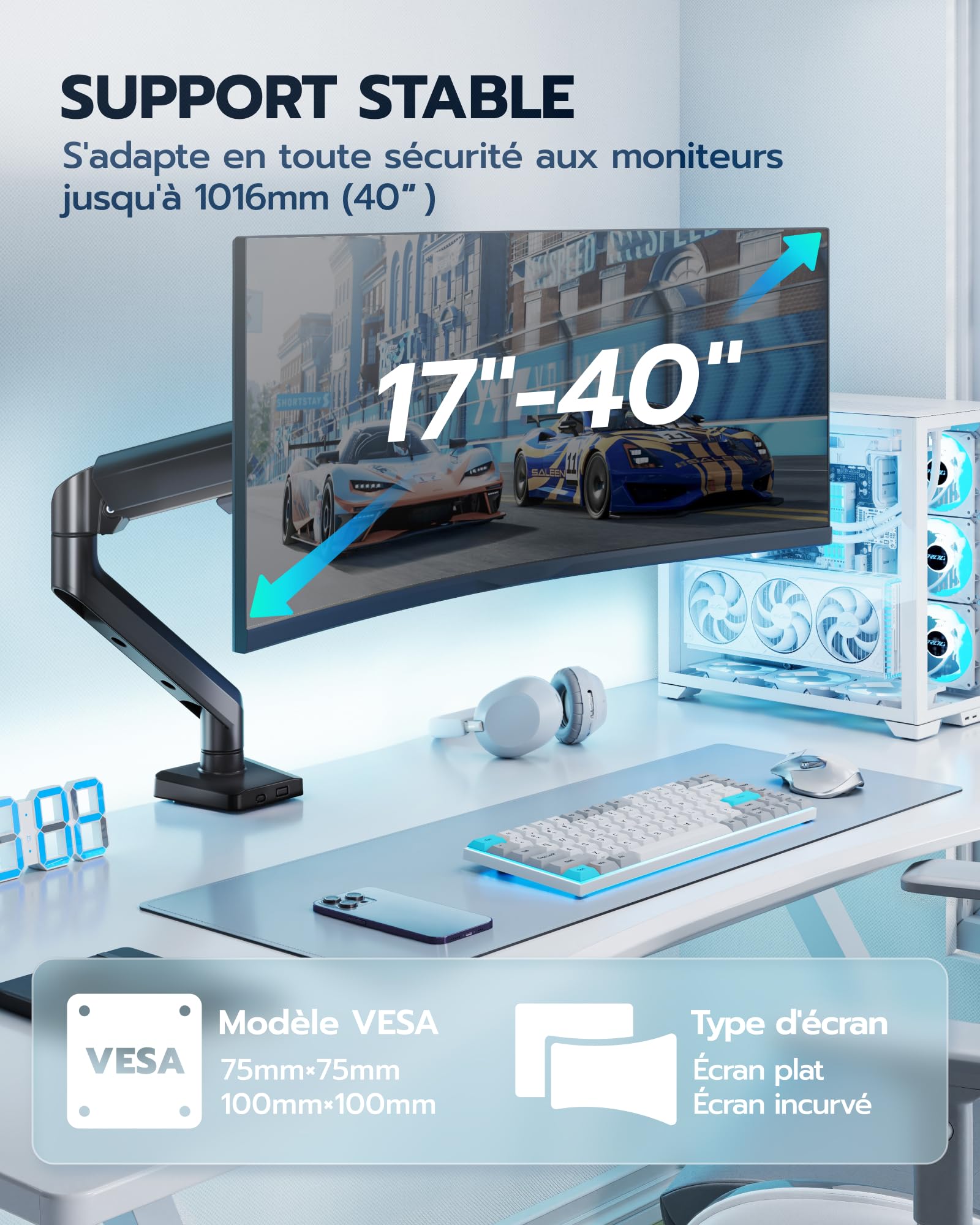 ARES WING Support de Moniteur pour écran Plat incurvé de 17" à 40" | Hauteur réglable, Charge maximale 12 kg, Support VESA 75/100 mm, Support de bureau