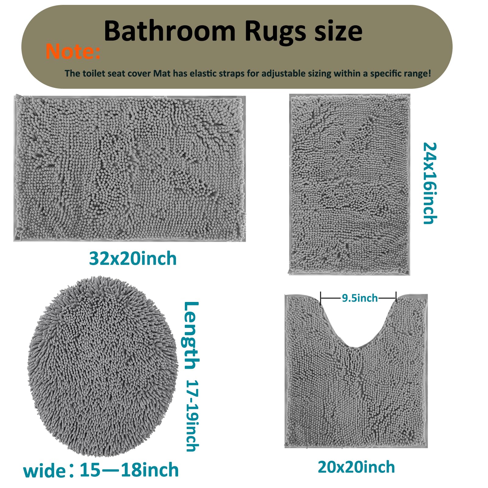 Juego de 4 alfombras de baño con tapa de inodoro, antideslizantes, tapetes de baño de felpilla extrasuaves, alfombras de baño absorbentes, alfombras peludas perfectas de felpa en forma de U para 3