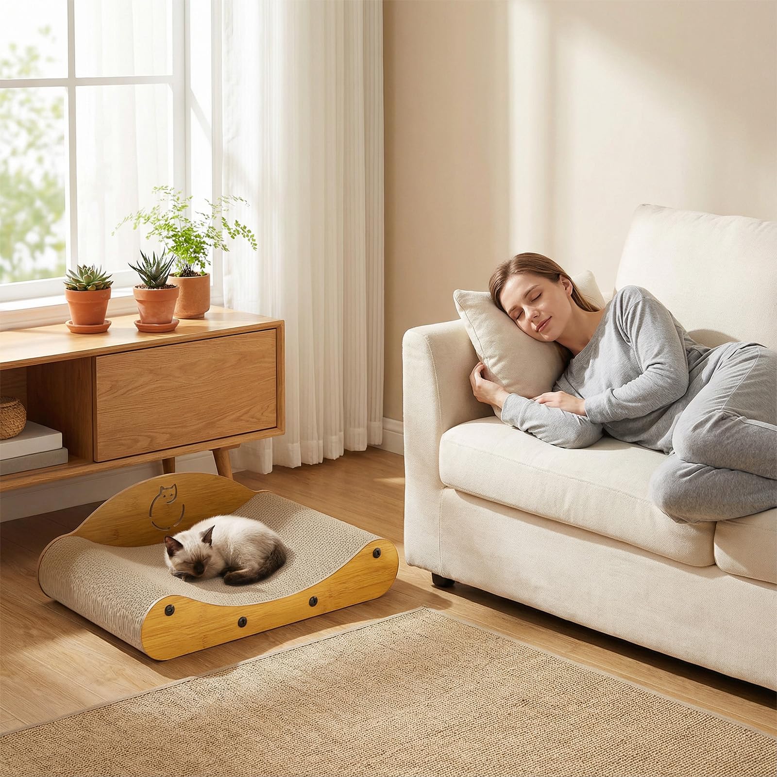Gimars Griffoir pour Chat Compact 43 cm, Design Canapé Moderne en Carton Ondulé Renforcé avec Support Arrière en Bois - Idéal Petits Espaces & Appartements, Naturel