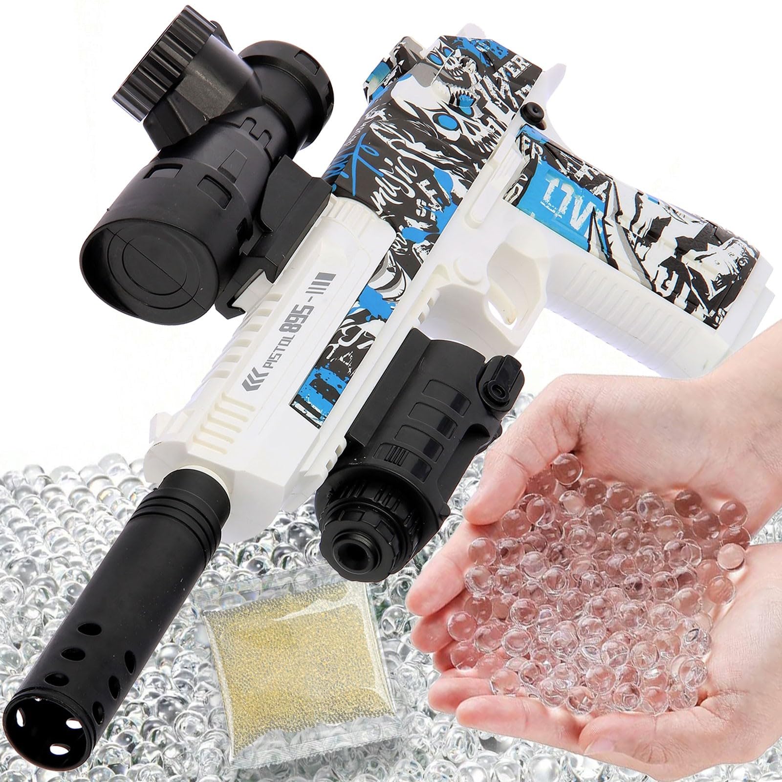 Gel Ball Blaster Pistol Water Bullet Splatter, 2 in 1 Fully Electric and Manual Mode With Recoil Effect, Graffiti Coloured 7.4v Battery Rappid fire + 10k Ammo Ages 14+