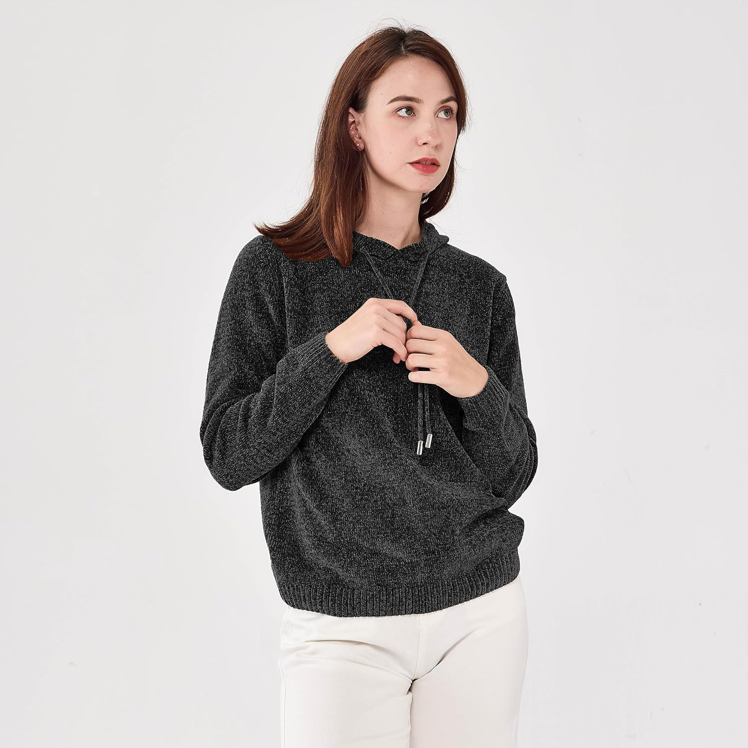 Simple&Opulence Women's Chenille Sweater Drawstring Hooded Long Sleeve Pullover Ribbed Cuff Hem Jumper Tops - Image 5