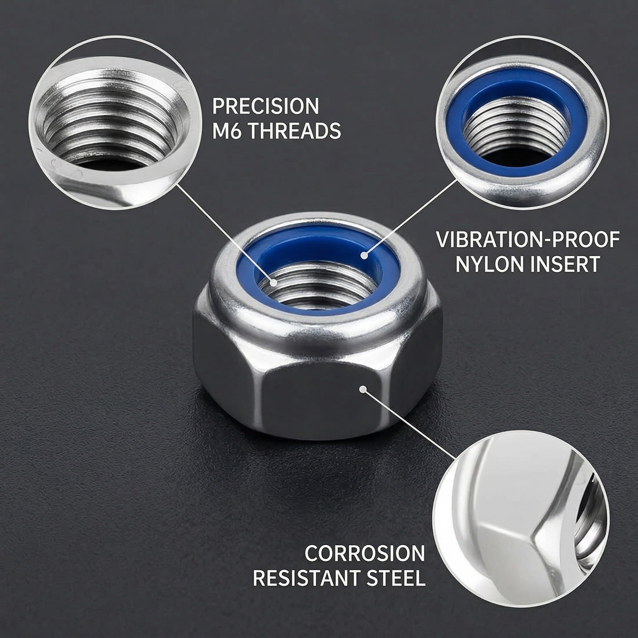 Viti M6, Dadi Autobloccanti In Acciaio Inox A2, Esagonali Din985, Argento, M6, 25 Pezzi