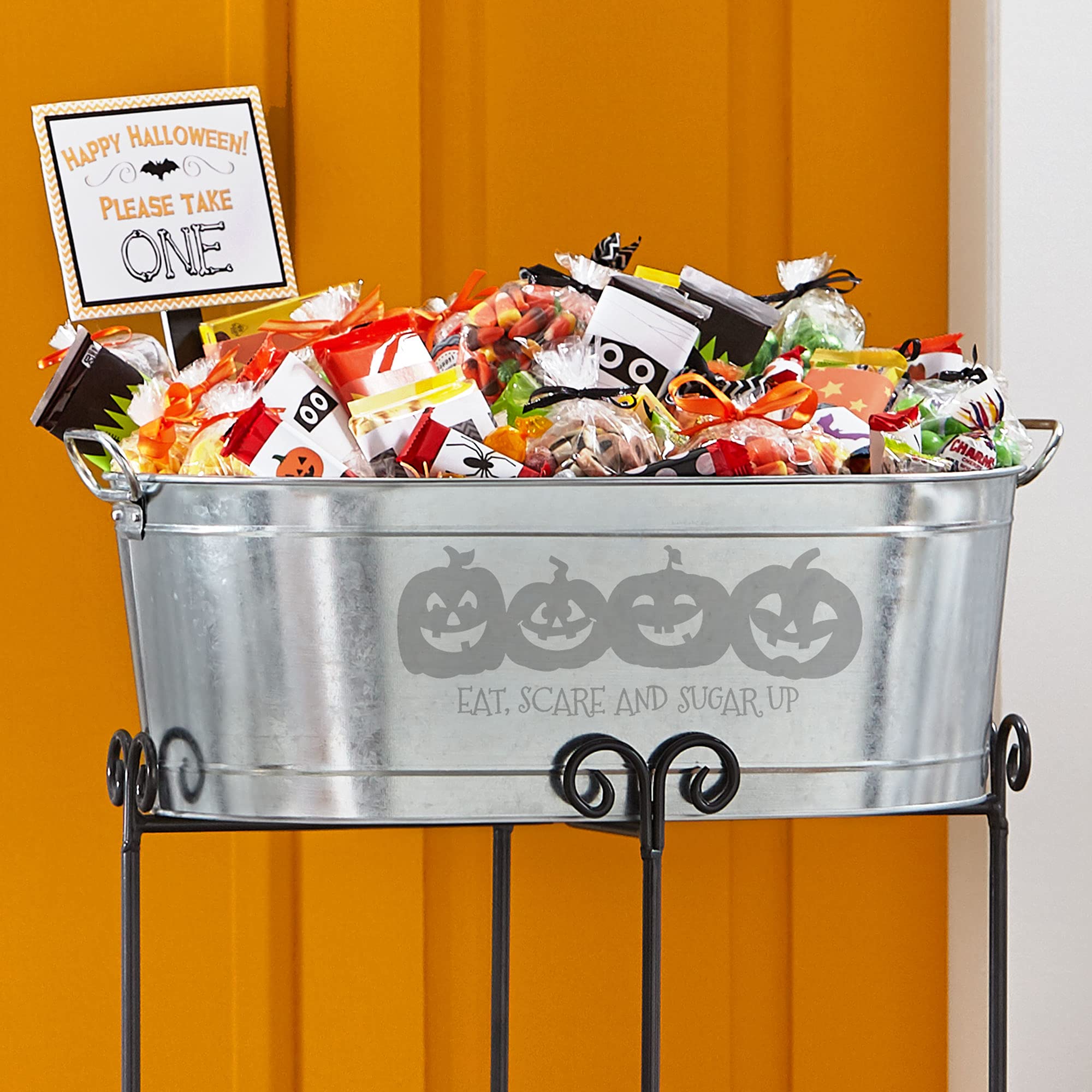 Let’s Make Memories Personalized Beverage Tub - Halloween Party Décor - Trick or Treat Candy Bowl w/Stand - Pumpkin