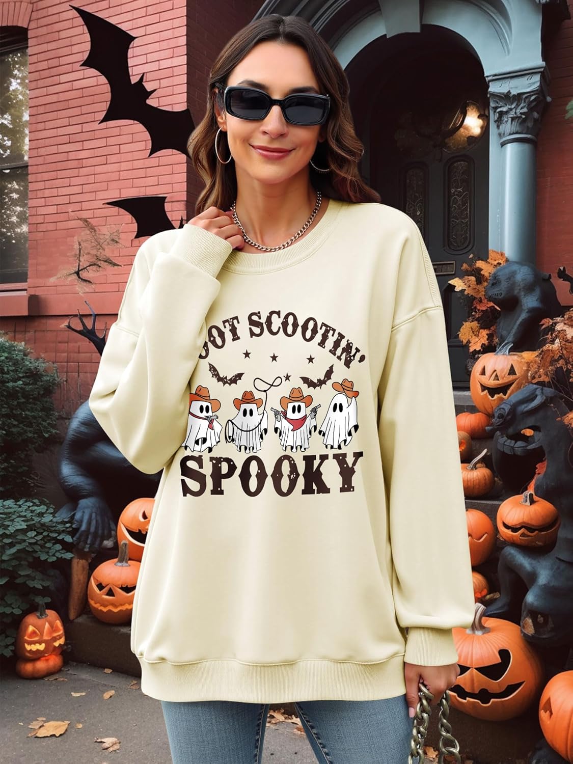 OUNAR Halloween Sweatshirts For Women Spooky Season Sweatshirt Oversized Halloween Ghost Shirt Fall Crewneck Pullover Tops - Image 3
