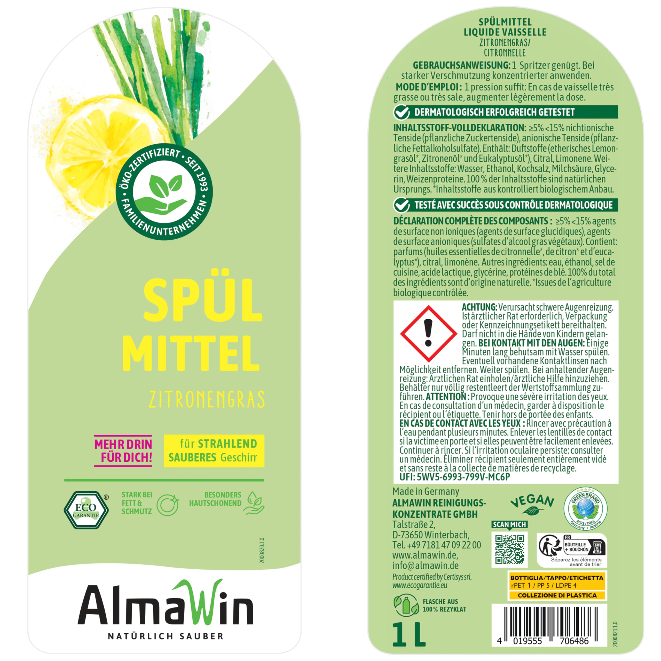 AlmaWin® Spülmittel Öko [10x 1L] mit Zitronengras-Duft - Kraftvolles Geschirrspülmittel flüssig mit hoher Fettlösekraft - Vegan Dish Soap - Biologisch abbaubares & ergiebiges Konzentrat