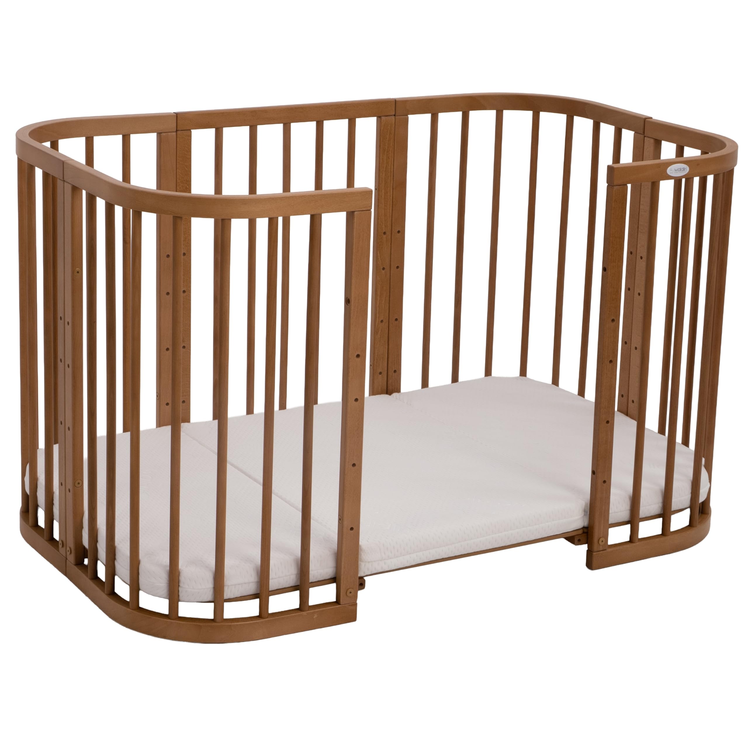 waldin Babybett 7in1, Matratze, Rollen, Regal, Vintage | Ohne Stoffset, Mitwachsend, Beistellbett aus Holz, Wiege optional