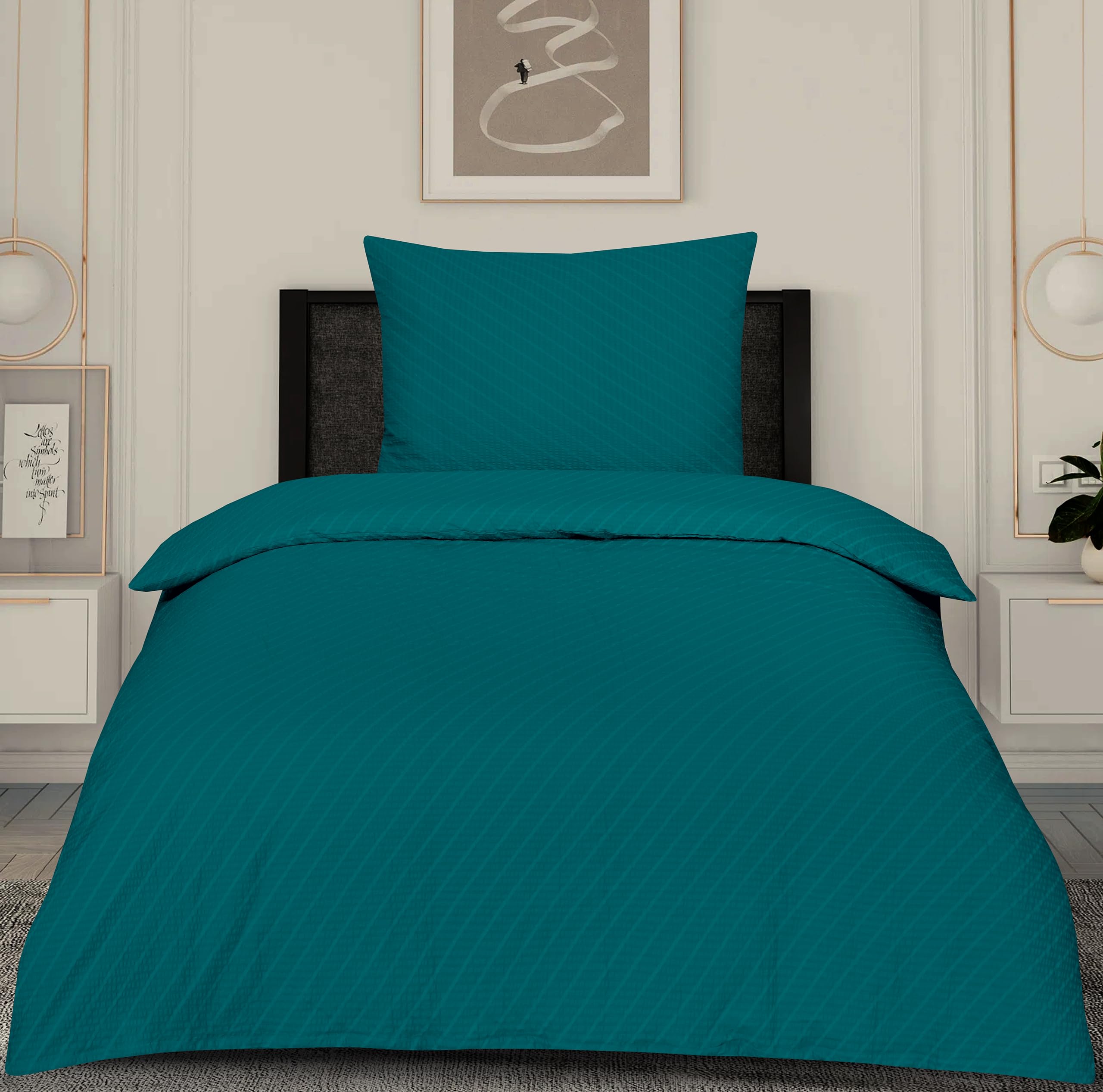 Betz Bettwäsche Seersucker 100% Baumwolle 2 teilige Garnitur Set mit Reißverschluss - Bügelfrei - Größe 135/200 cm + 80/80 cm Farbe Petrol