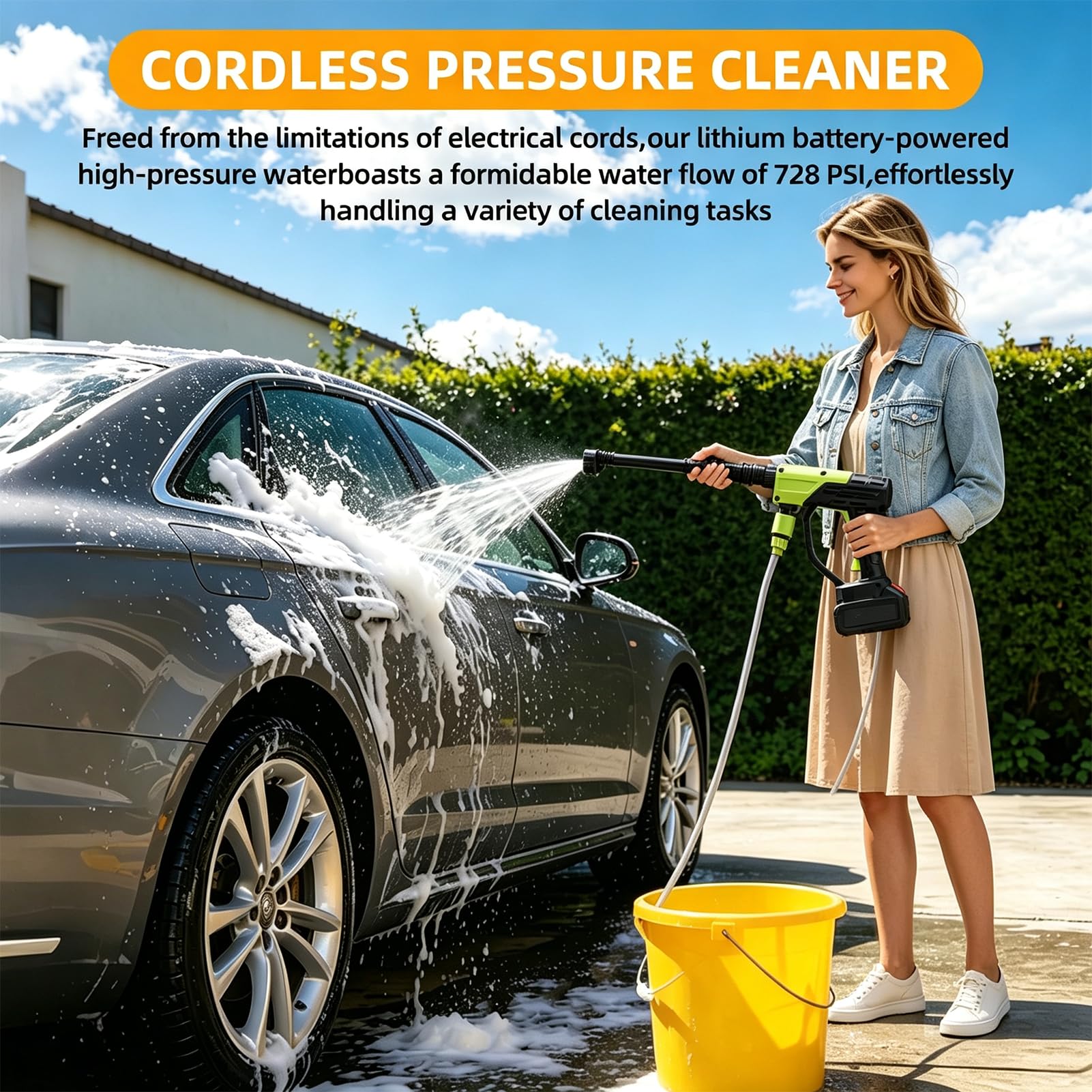 Nettoyeur haute pression sans fil portable 6 en 1 avec 2 batteries 21 V pour terrasse et voiture, tuyau d'eau sans fil de 5 m pour nettoyage du sol/jardin (vert)