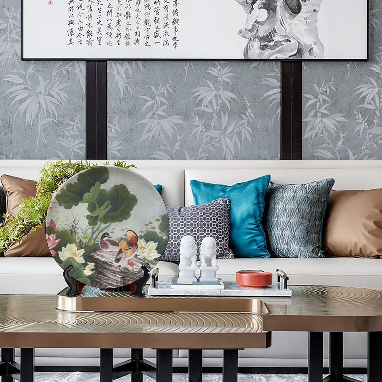 Chinese Painting Ceramic Decorative Plates, Lotus and Mandarin Ducks Decorative Plate, with Vertical Stand, 6 inch, for Living Room Bedroom Kitchen and Office Wall or Dining Table Decor