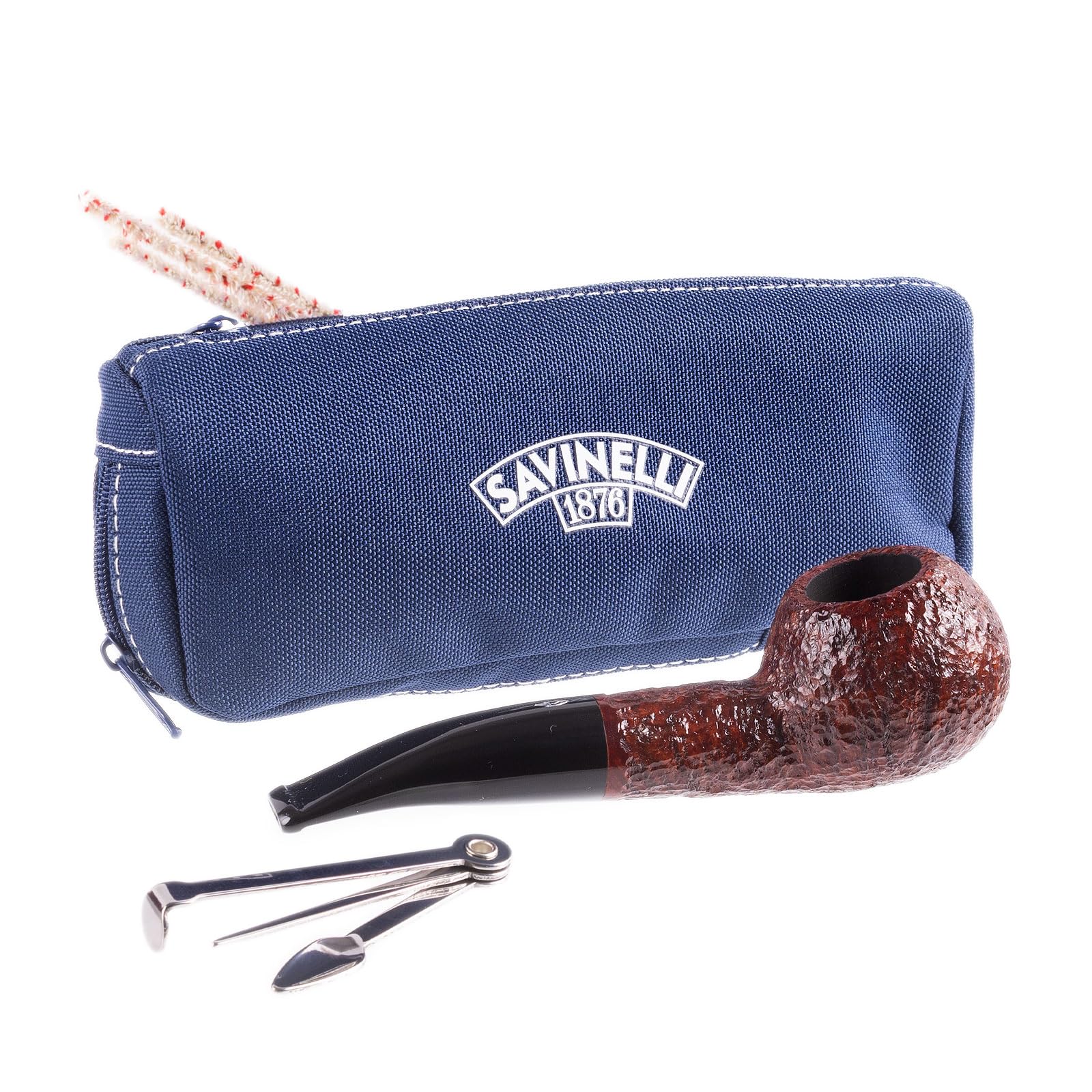 One Kit - Handmade Italian Briar Wood Pipe, Blue Zipper Pouch, Cleaners, Czech Pipe Tool, 6mm, Author Shaping, Rusticated Finish, 321