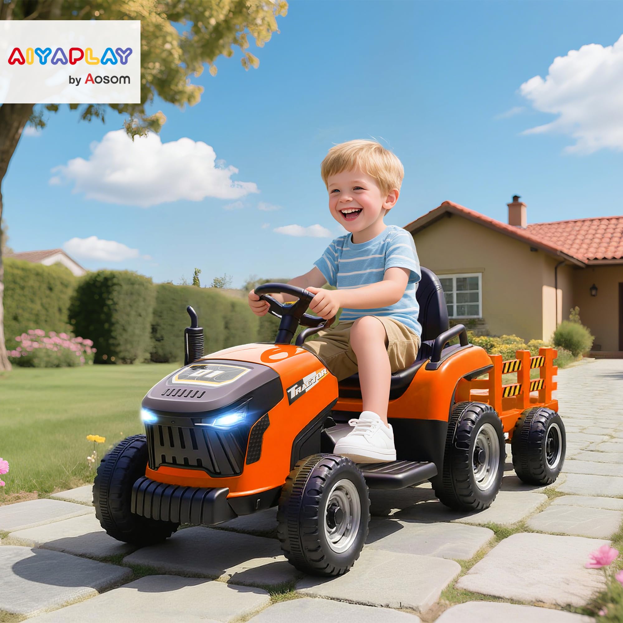 AIYAPLAY Trattore Elettrico Bambini Rimorchio 2 Motori 3-5 km/h Arancione | Trattore elettrico con telecomando, 3 velocità, musica, clacson, avvio morbido, suono avviamento, età 3-8.