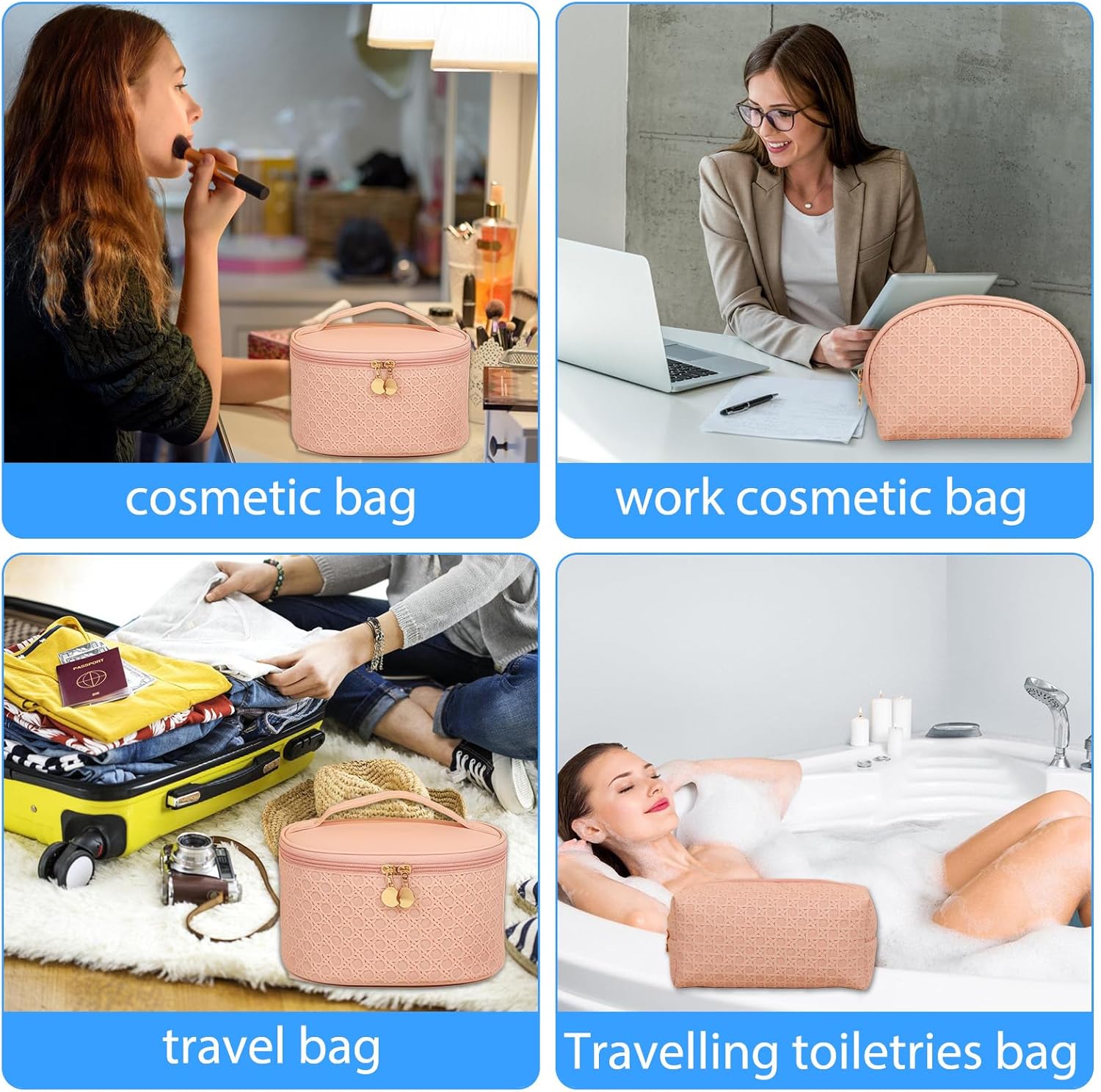 Woven Makeup Bag, Water-Resistant Cosmetic Organizer with Handle, Large Capacity Easy-Clean Travel Toiletry Bag, Soft PU Skin Makeup Pouch for Women