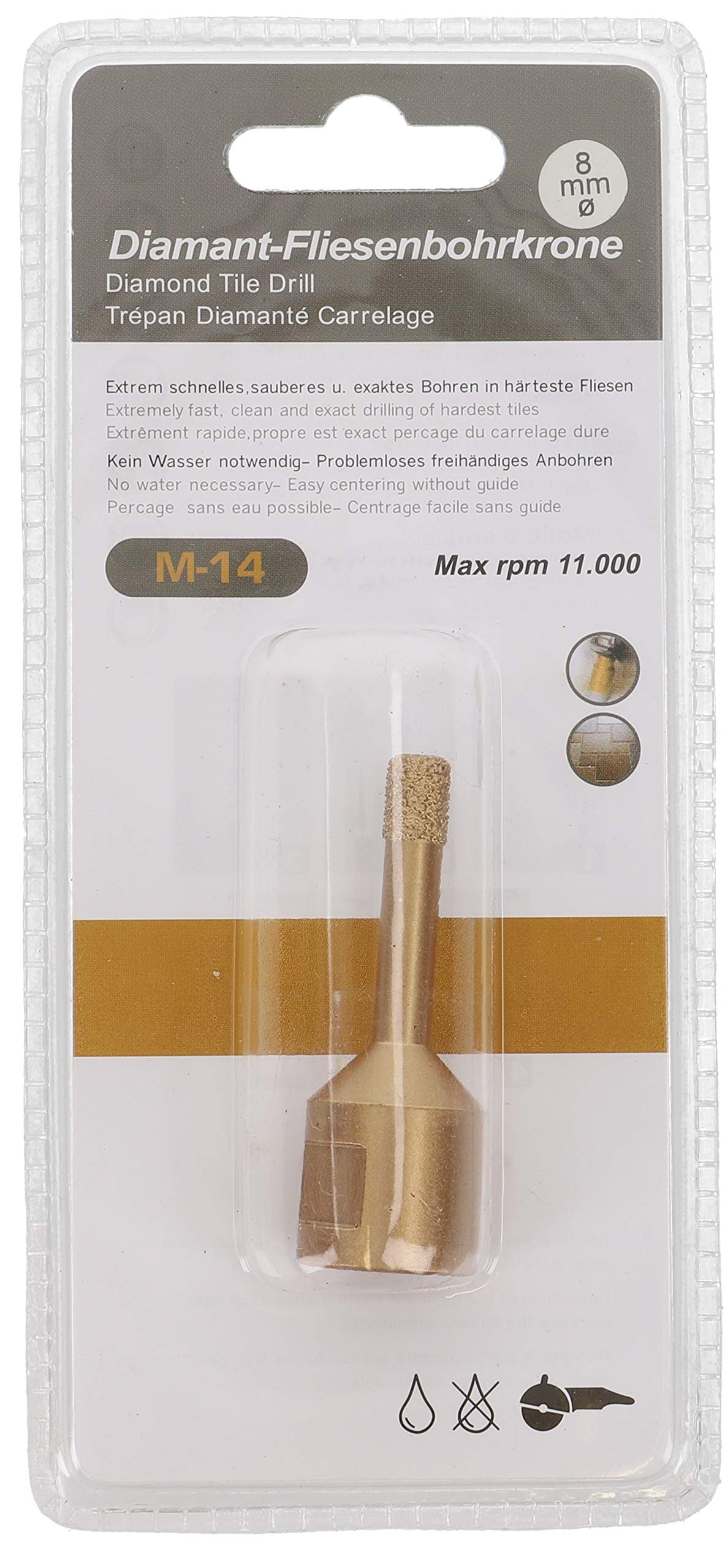 PRODIAMANT Foret à carrelage professionnel Carrelage 8 mm x M14 Foret diamanté Meuleuse d'angle pour le forage à sec dans le grès cérame, le carrelage mural et la pierre naturelle