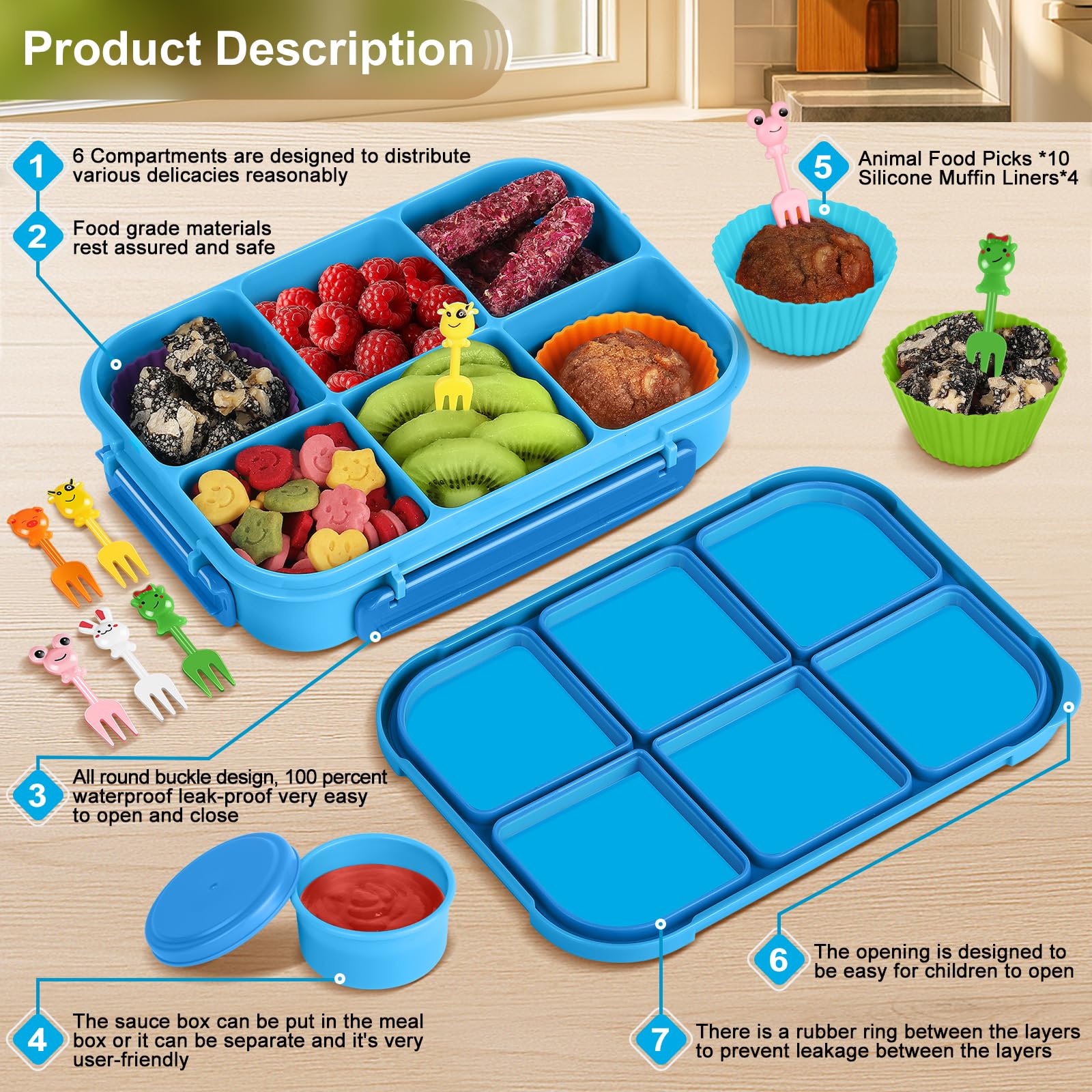 Amathley Brotdose Kinder mit FäChern,Bento Box Kinder,Brotdose Erwachsene,1200ml Lunchbox snackbox mit 6 FäChern,Saucenbehälter,10 Cartoon Bento Obstgabeln und 4 Muffinförmchen (Blau) - 4